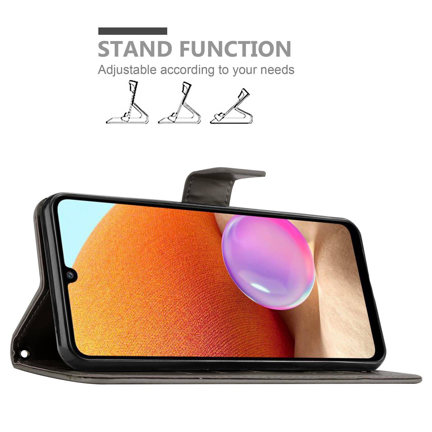 Cadorabo Hülle für Samsung Galaxy A32 4G Schutz Hülle in Grau Schutzhülle Handy Hülle Etui Case Blumen Flower