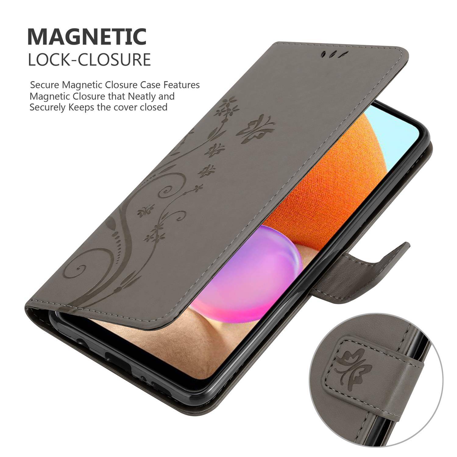 Cadorabo Hülle für Samsung Galaxy A32 4G Schutz Hülle in Grau Schutzhülle Handy Hülle Etui Case Blumen Flower