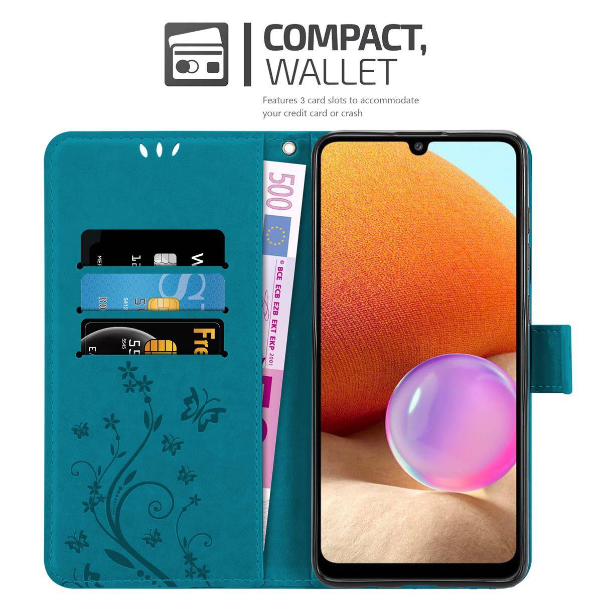 Cadorabo Hülle für Samsung Galaxy A32 4G Schutz Hülle in Blau Schutzhülle Handy Hülle Etui Case Blumen Flower