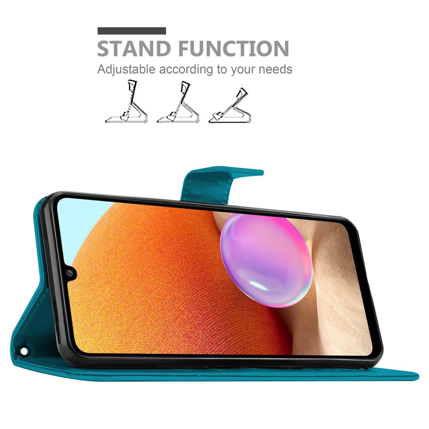 Cadorabo Hülle für Samsung Galaxy A32 4G Schutz Hülle in Blau Schutzhülle Handy Hülle Etui Case Blumen Flower