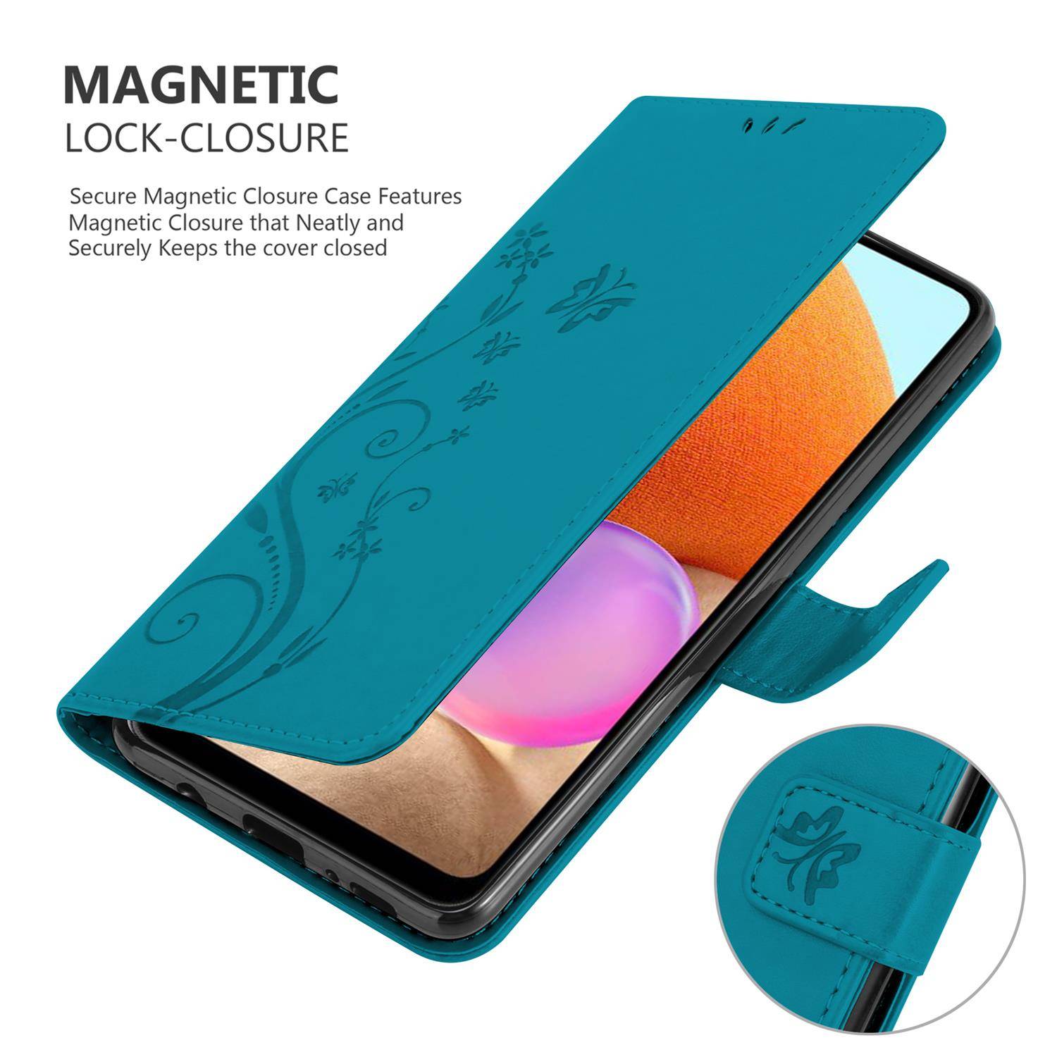 Cadorabo Hülle für Samsung Galaxy A32 4G Schutz Hülle in Blau Schutzhülle Handy Hülle Etui Case Blumen Flower