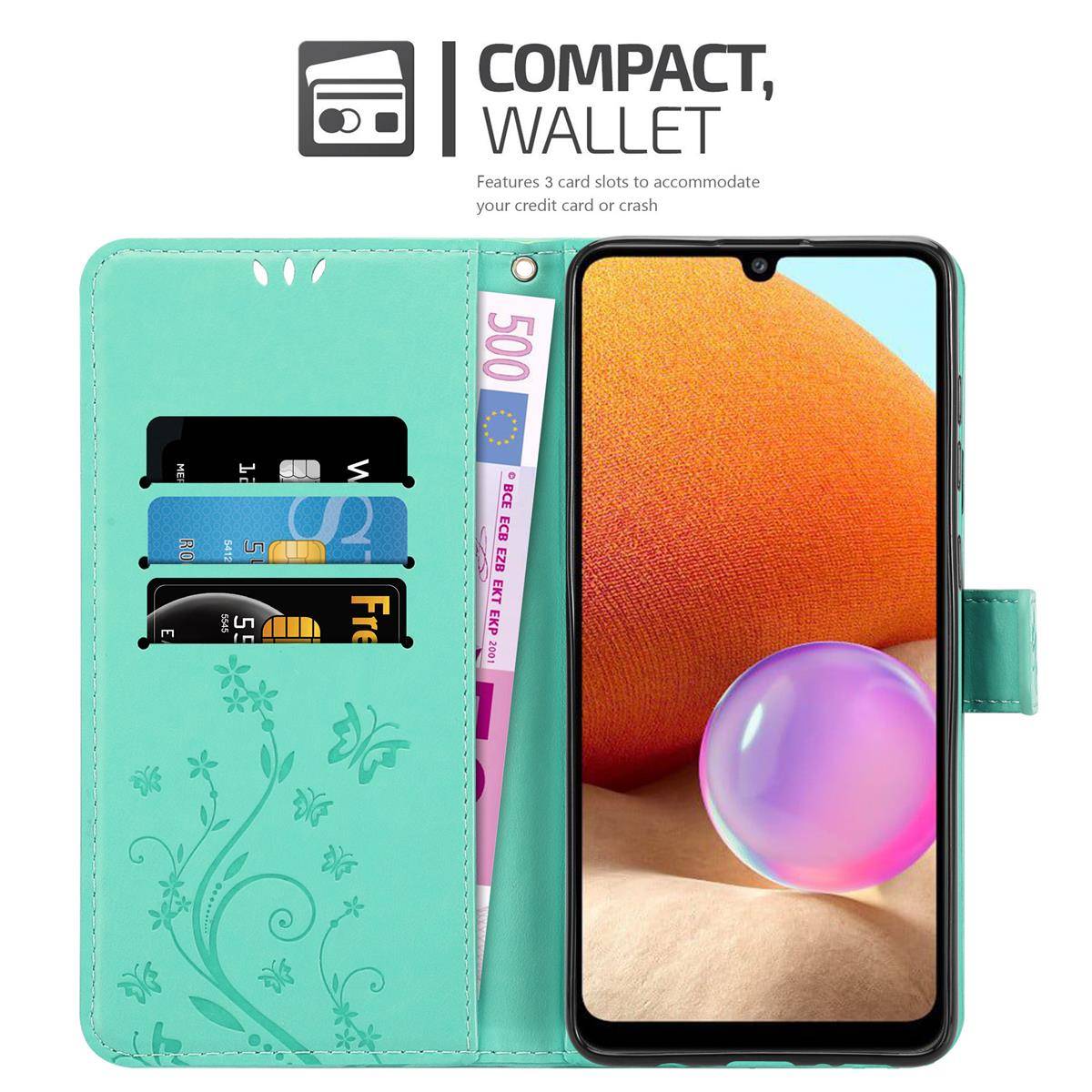 Cadorabo Hülle für Samsung Galaxy A32 4G Schutz Hülle in Türkis Schutzhülle Handy Hülle Etui Case Blumen Flower