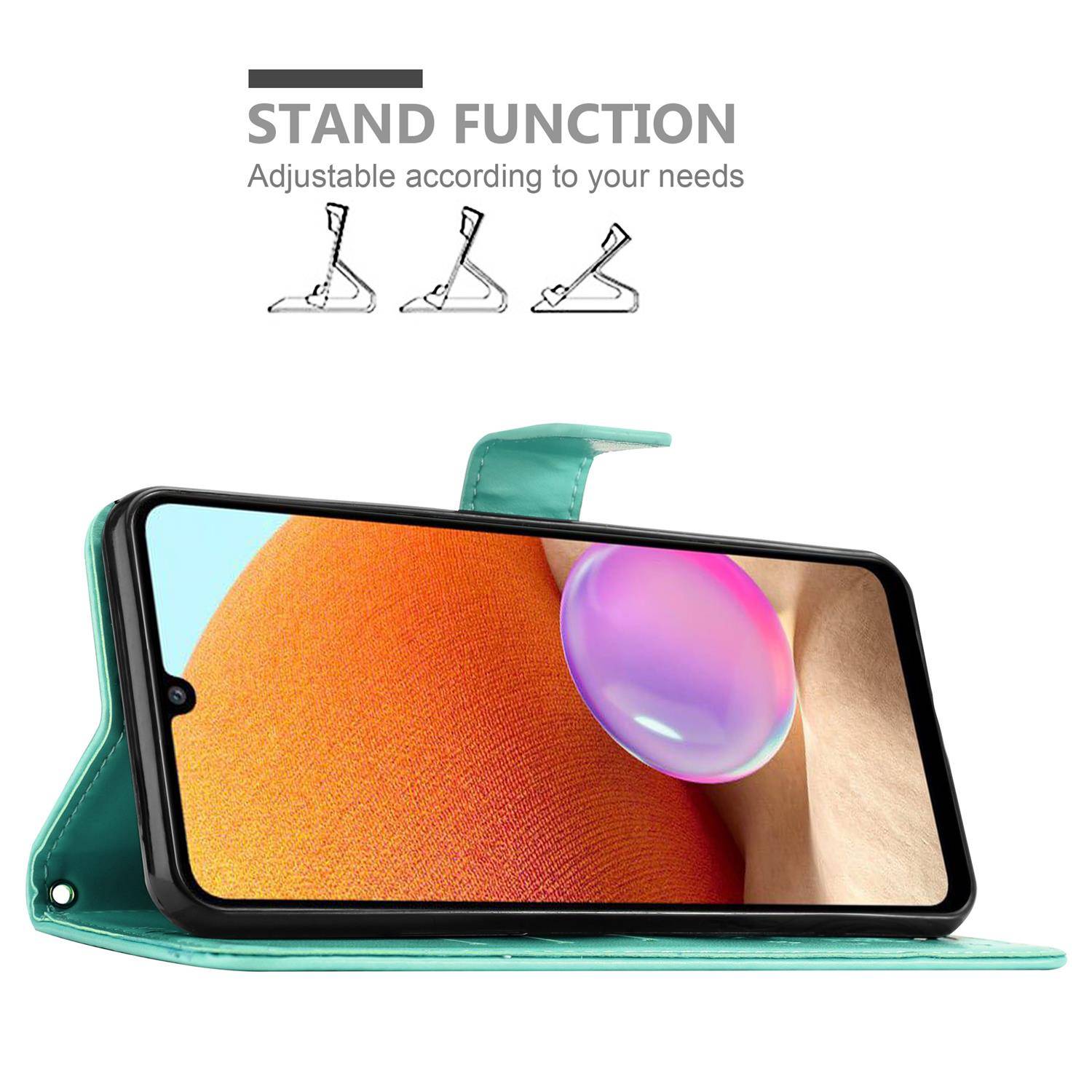 Cadorabo Hülle für Samsung Galaxy A32 4G Schutz Hülle in Türkis Schutzhülle Handy Hülle Etui Case Blumen Flower