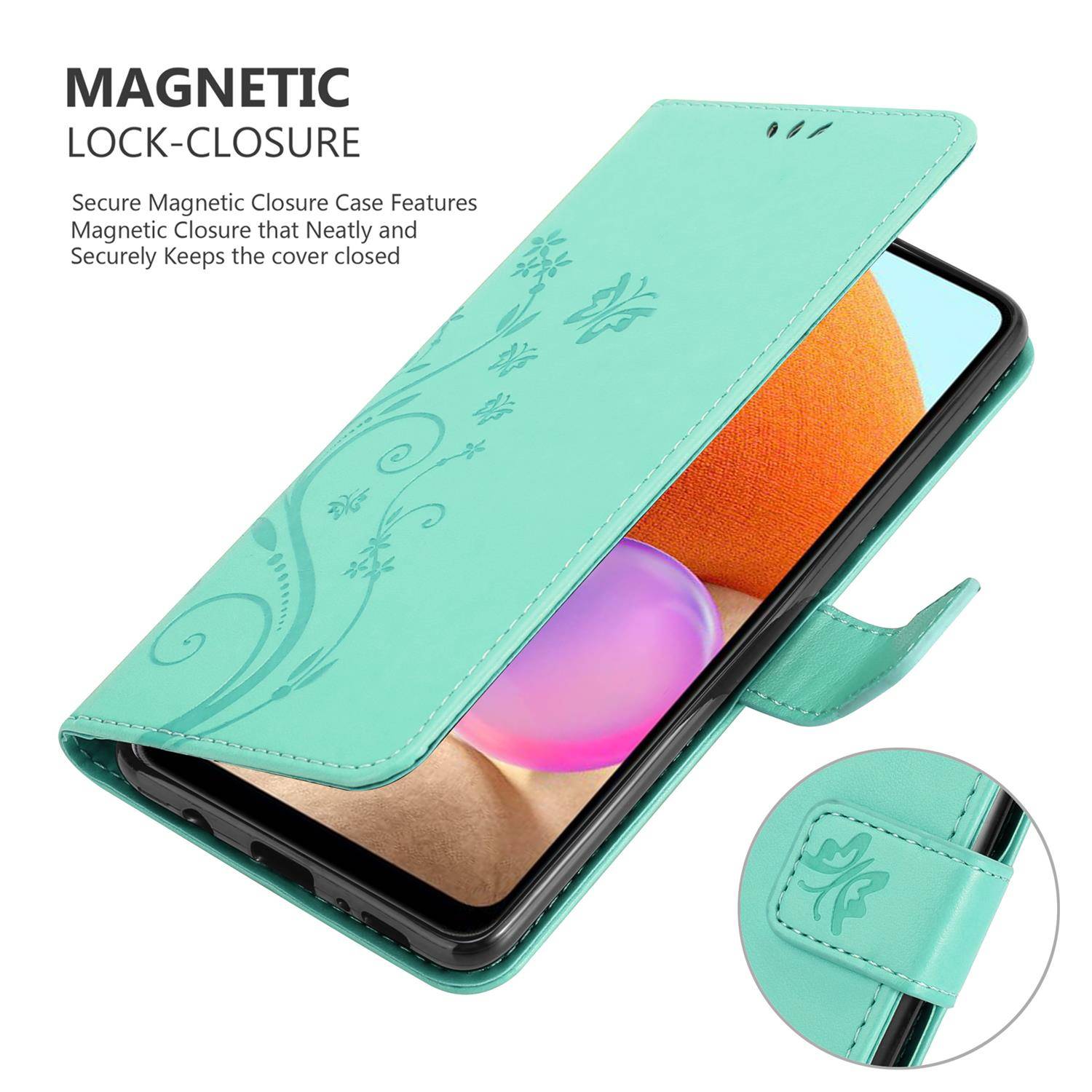 Cadorabo Hülle für Samsung Galaxy A32 4G Schutz Hülle in Türkis Schutzhülle Handy Hülle Etui Case Blumen Flower