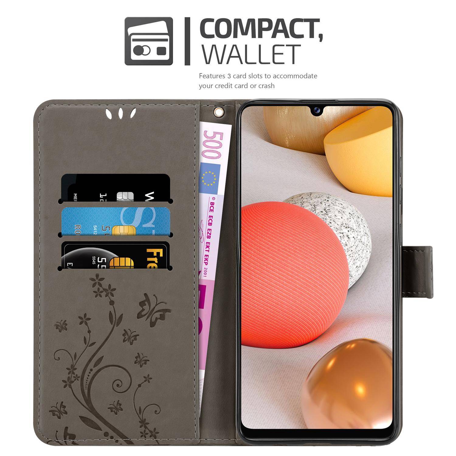 Cadorabo Hülle für Samsung Galaxy A42 5G / M42 5G Schutz Hülle in Grau Schutzhülle Handy Hülle Etui Case Blumen Flower