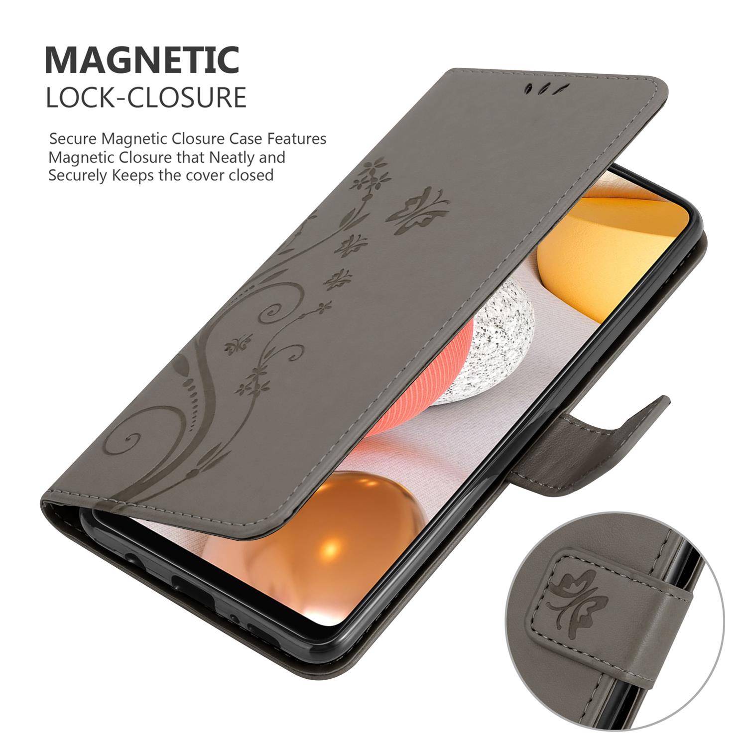 Cadorabo Hülle für Samsung Galaxy A42 5G / M42 5G Schutz Hülle in Grau Schutzhülle Handy Hülle Etui Case Blumen Flower