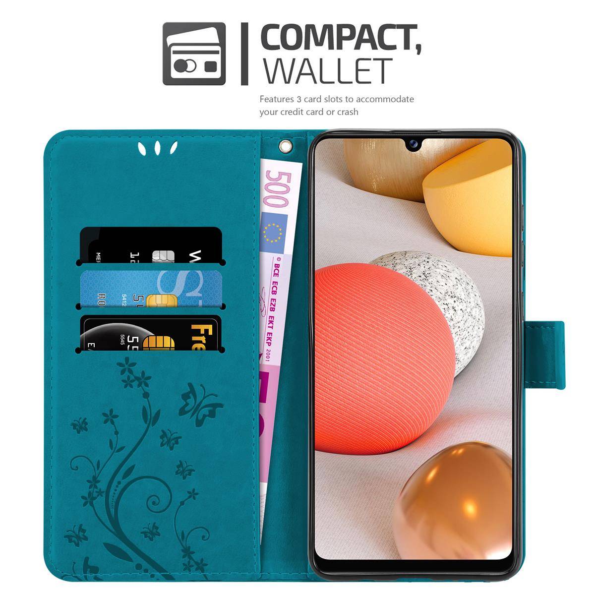 Cadorabo Hülle für Samsung Galaxy A42 5G / M42 5G Schutz Hülle in Blau Schutzhülle Handy Hülle Etui Case Blumen Flower