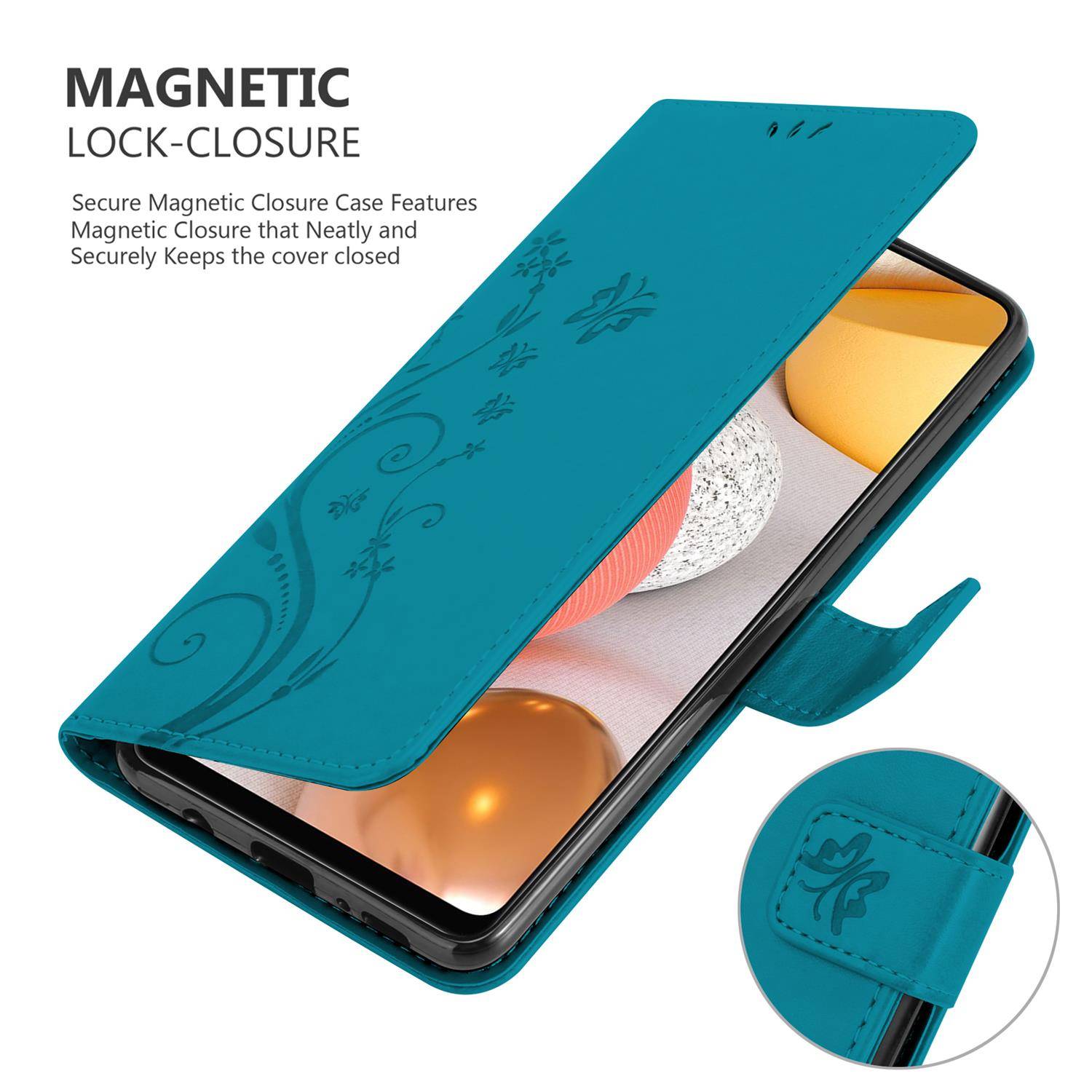 Cadorabo Hülle für Samsung Galaxy A42 5G / M42 5G Schutz Hülle in Blau Schutzhülle Handy Hülle Etui Case Blumen Flower