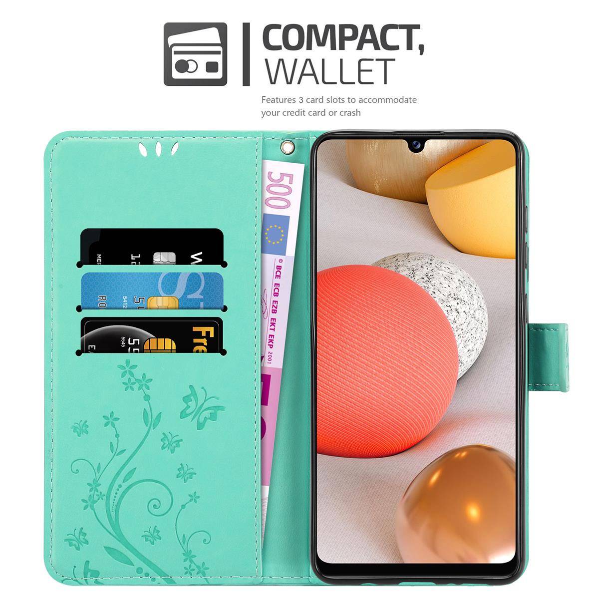 Cadorabo Hülle für Samsung Galaxy A42 5G / M42 5G Schutz Hülle in Türkis Schutzhülle Handy Hülle Etui Case Blumen Flower