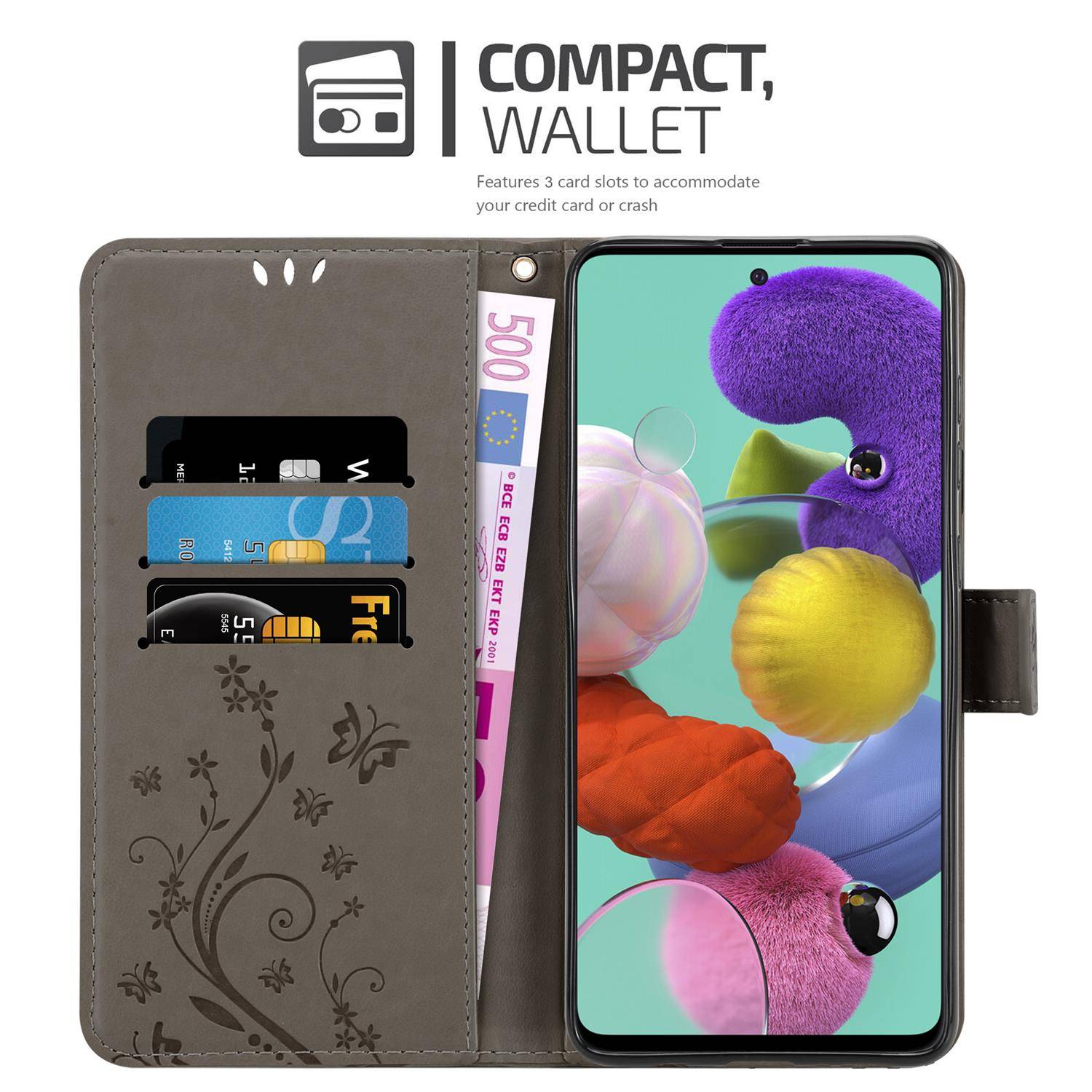 Cadorabo Hülle für Samsung Galaxy A51 5G Schutz Hülle in Grau Schutzhülle Handy Hülle Etui Case Blumen Flower