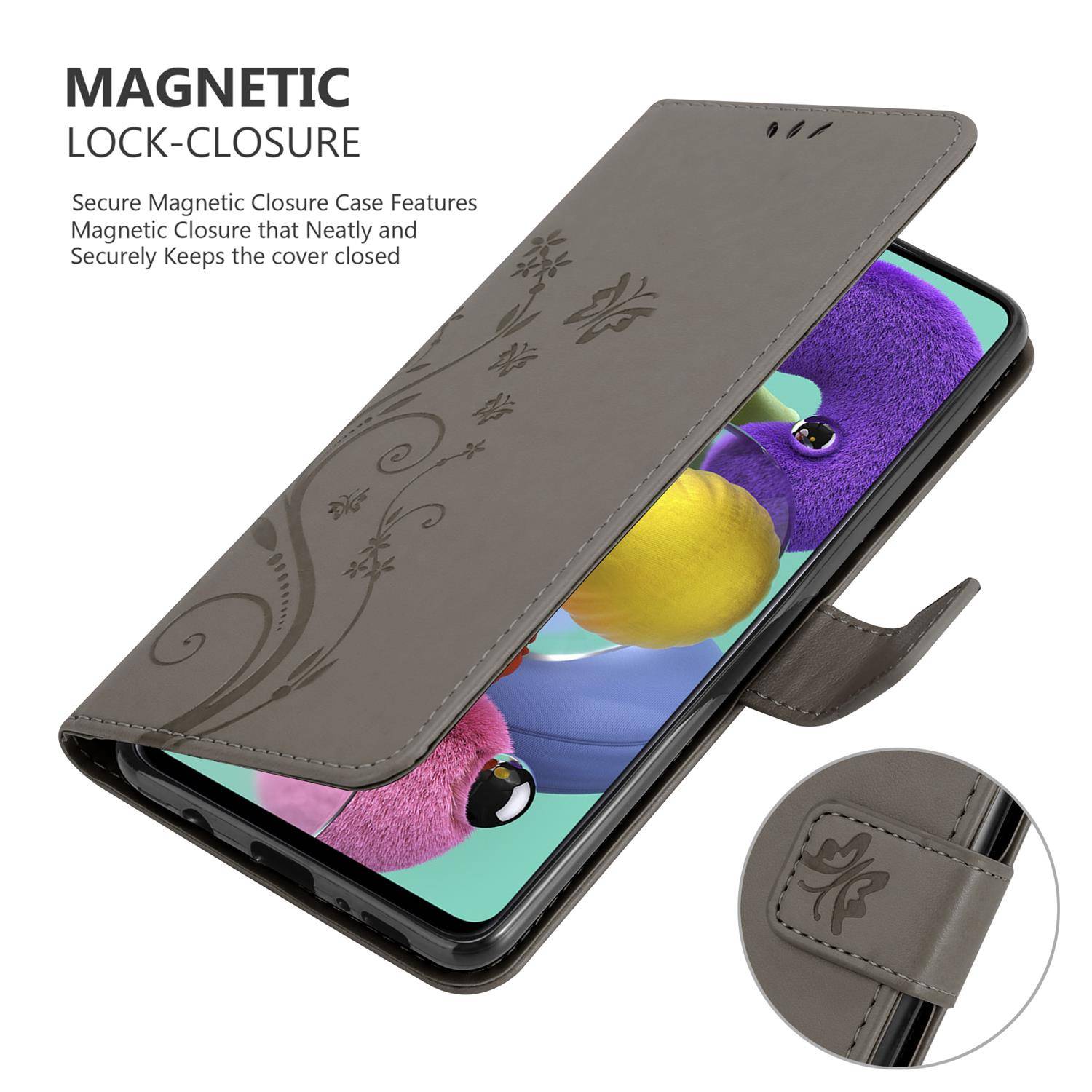 Cadorabo Hülle für Samsung Galaxy A51 5G Schutz Hülle in Grau Schutzhülle Handy Hülle Etui Case Blumen Flower