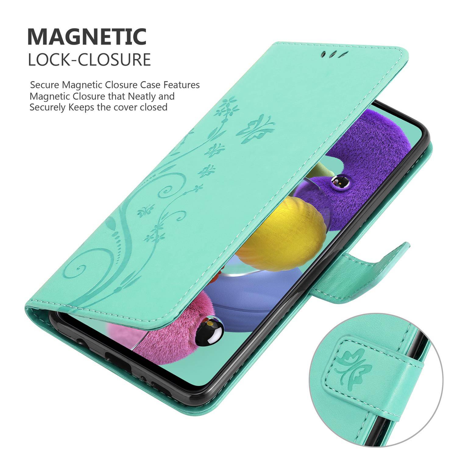 Cadorabo Hülle für Samsung Galaxy A51 5G Schutz Hülle in Türkis Schutzhülle Handy Hülle Etui Case Blumen Flower