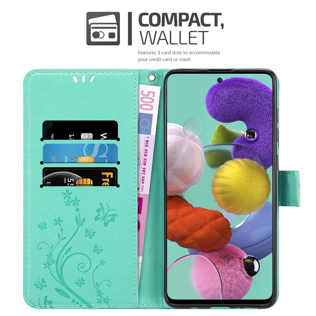 Cadorabo Hülle für Samsung Galaxy A51 5G Schutz Hülle in Türkis Schutzhülle Handy Hülle Etui Case Blumen Flower