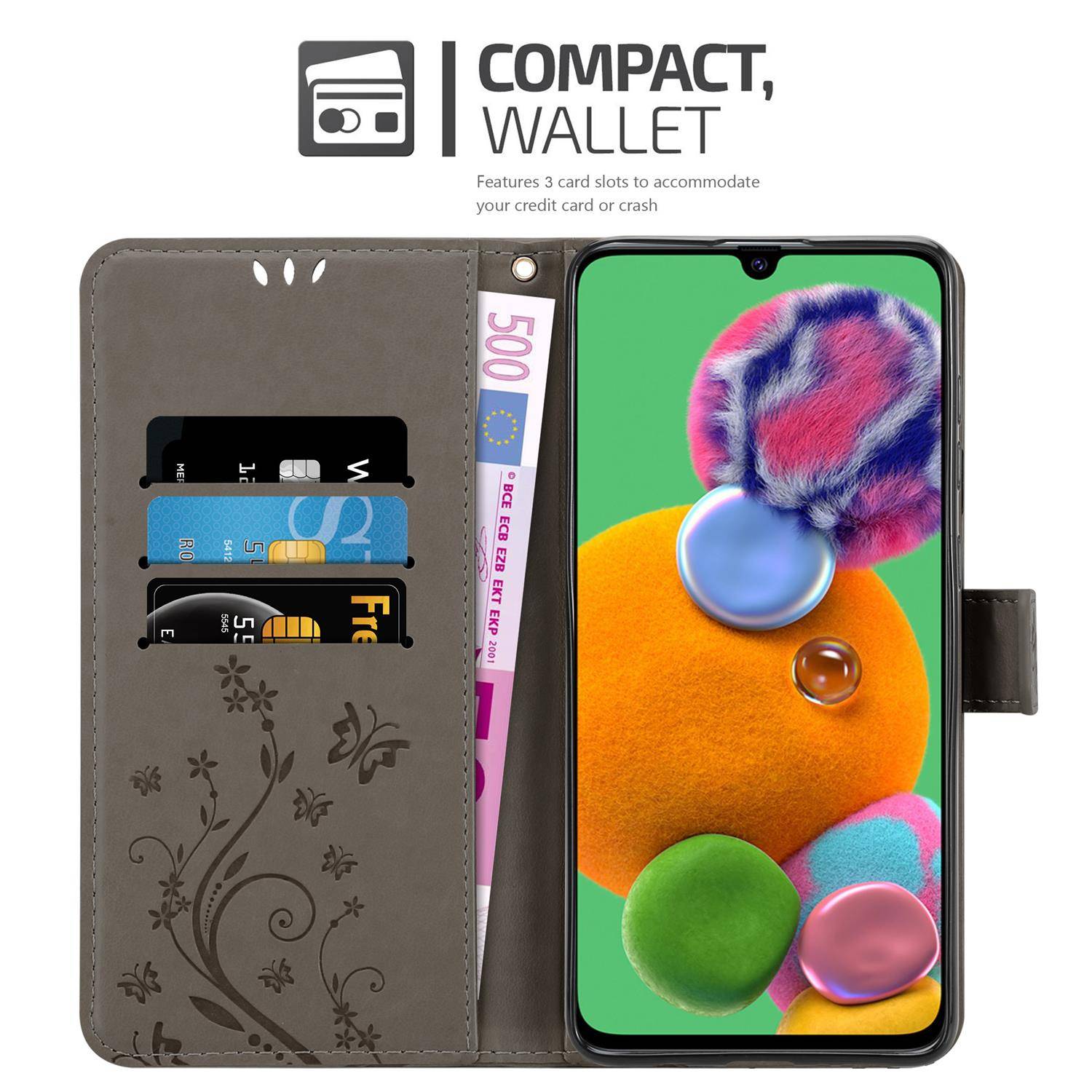 Cadorabo Hülle für Samsung Galaxy A90 5G Schutz Hülle in Grau Schutzhülle Handy Hülle Etui Case Blumen Flower