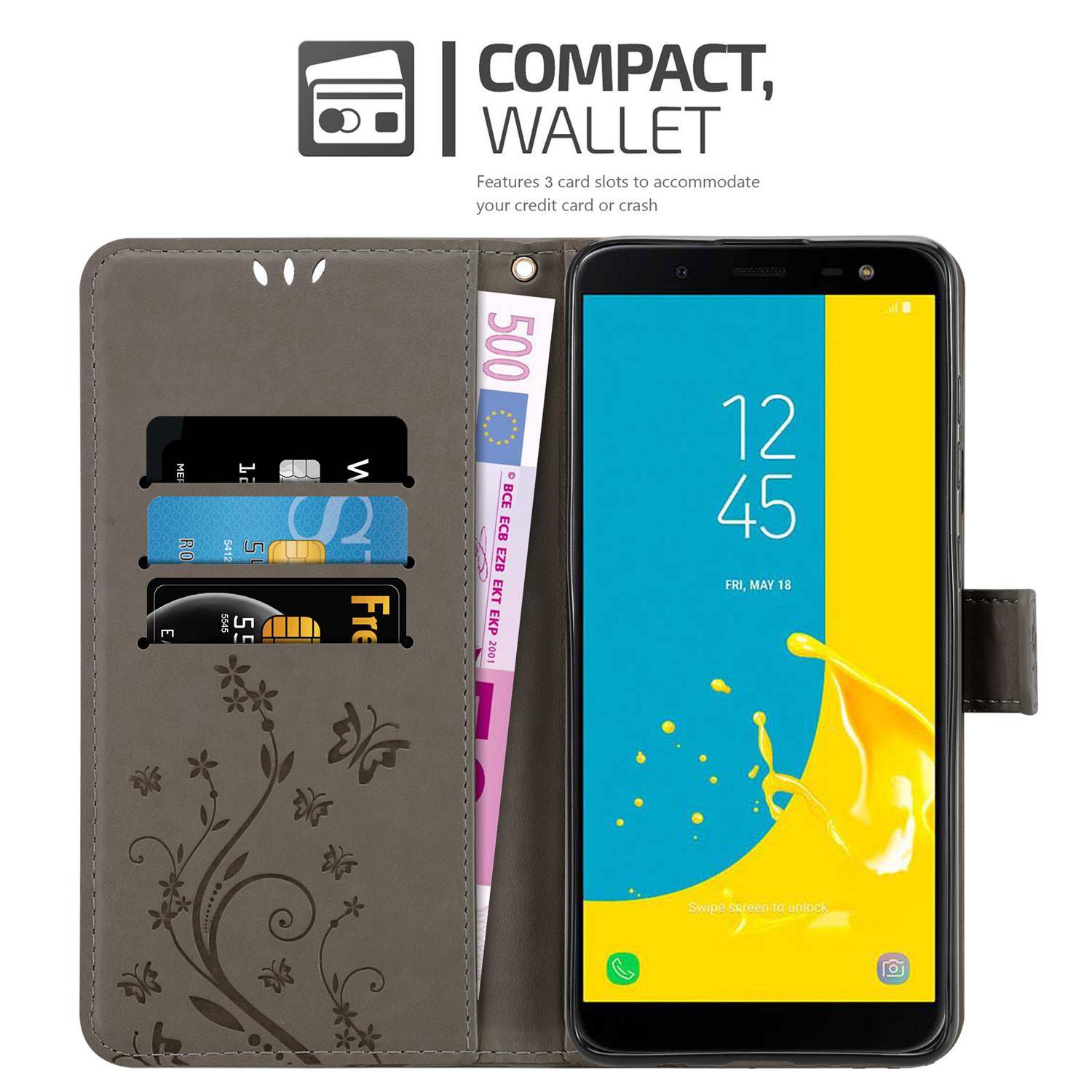 Cadorabo Hülle für Samsung Galaxy J6 2018 Schutz Hülle in Grau Schutzhülle Handy Hülle Etui Case Blumen Flower