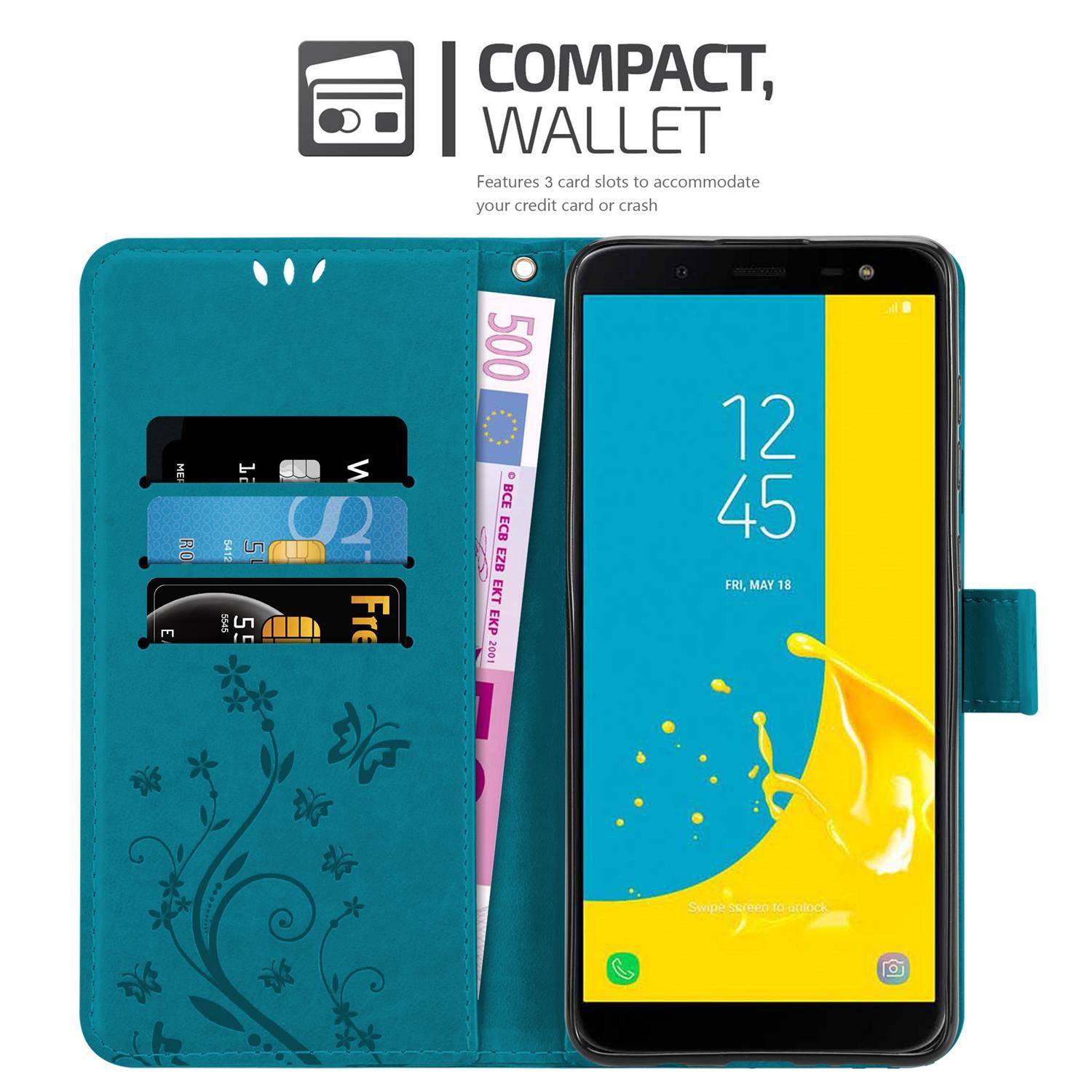 Cadorabo Hülle für Samsung Galaxy J6 2018 Schutz Hülle in Blau Schutzhülle Handy Hülle Etui Case Blumen Flower