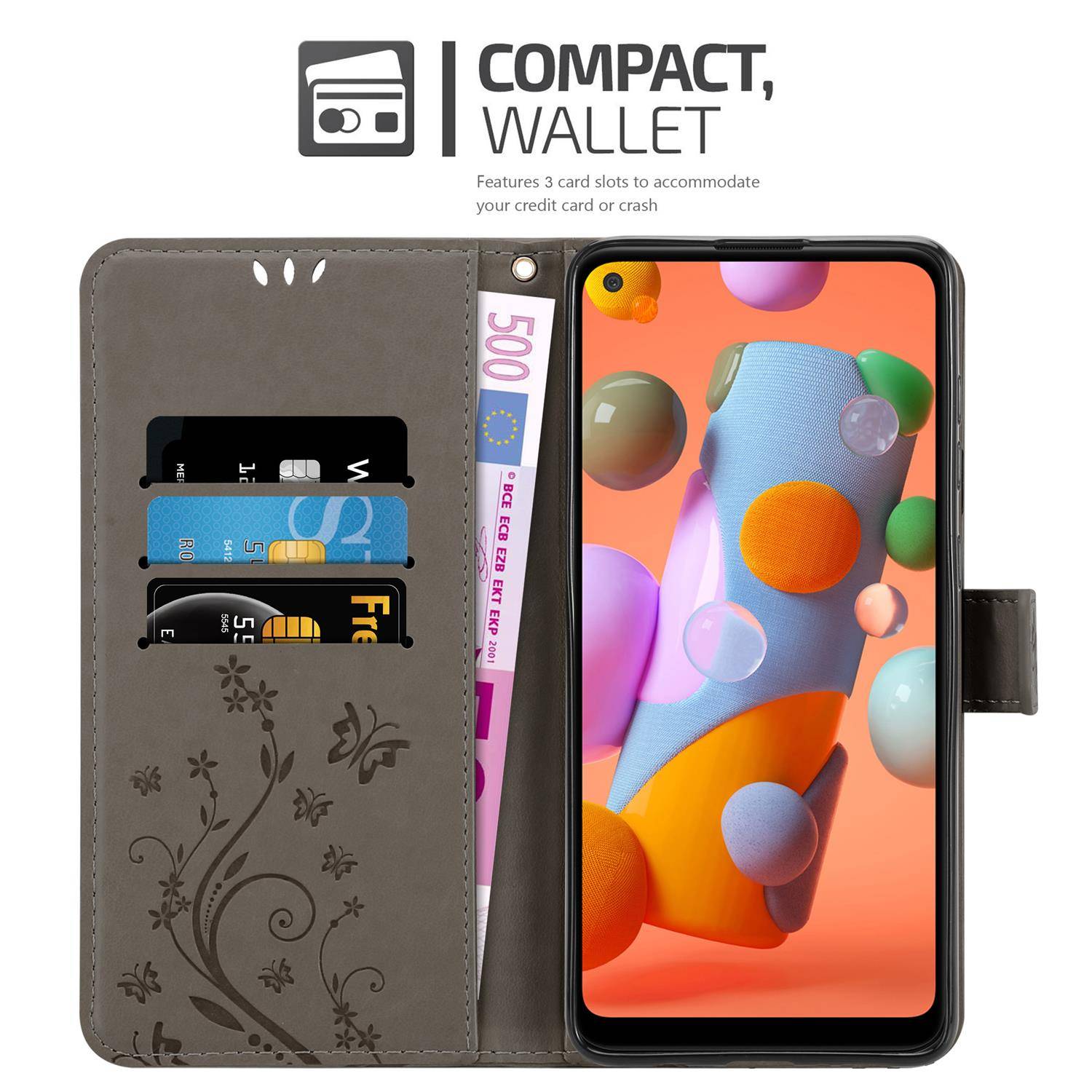 Cadorabo Hülle für Samsung Galaxy A11 / M11 Schutz Hülle in Grau Schutzhülle Handy Hülle Etui Case Blumen Flower