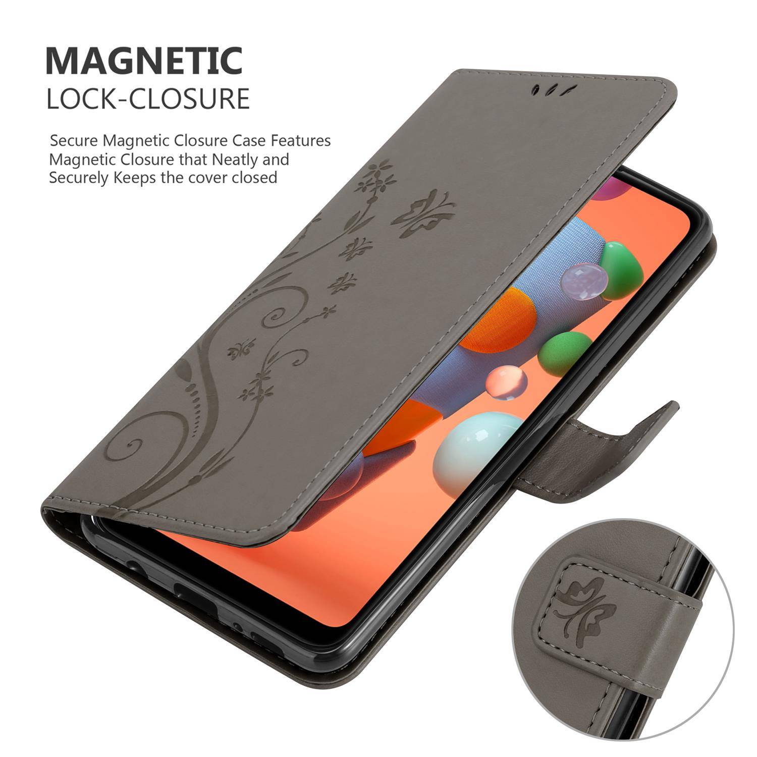 Cadorabo Hülle für Samsung Galaxy A11 / M11 Schutz Hülle in Grau Schutzhülle Handy Hülle Etui Case Blumen Flower