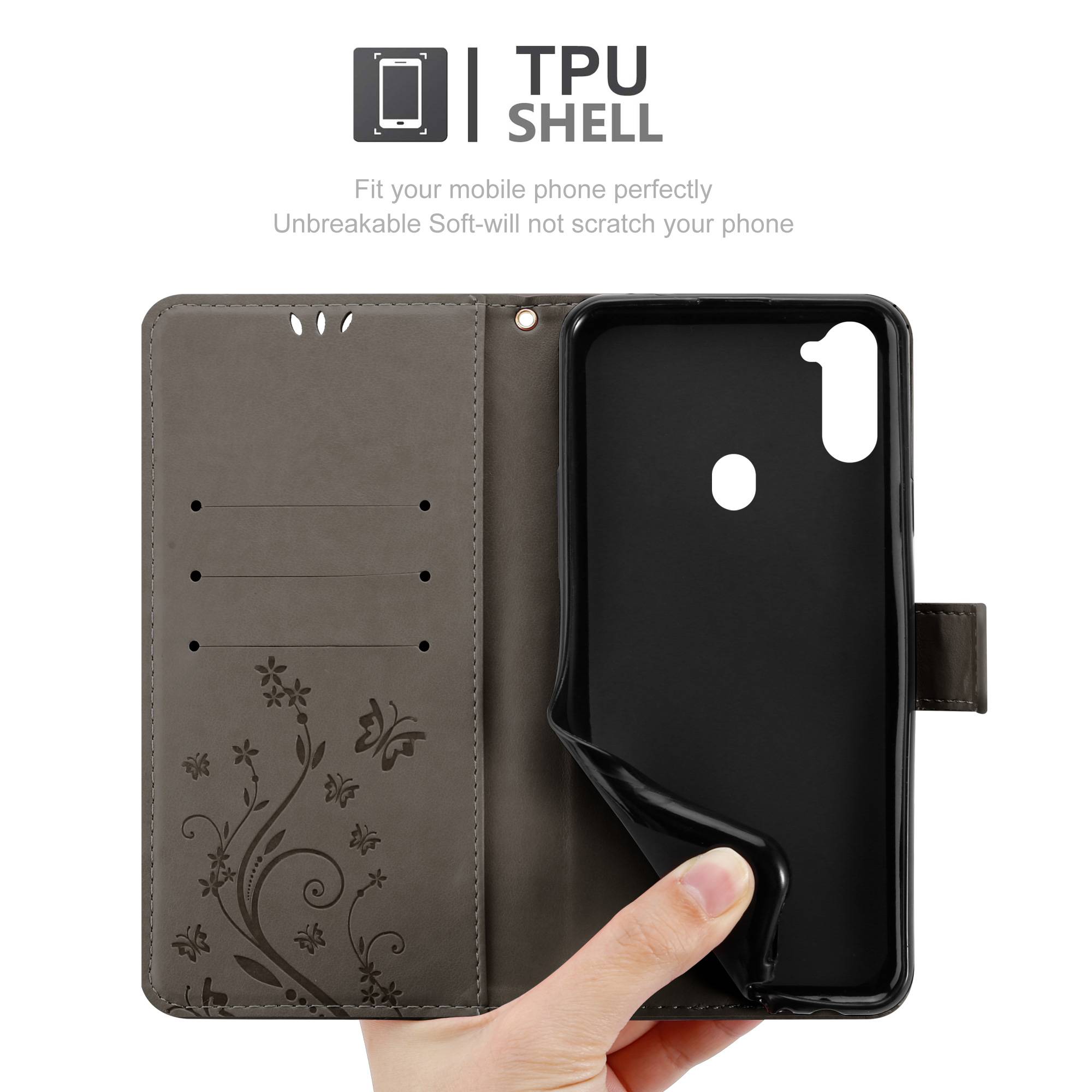 Cadorabo Hülle für Samsung Galaxy A11 / M11 Schutz Hülle in Grau Schutzhülle Handy Hülle Etui Case Blumen Flower