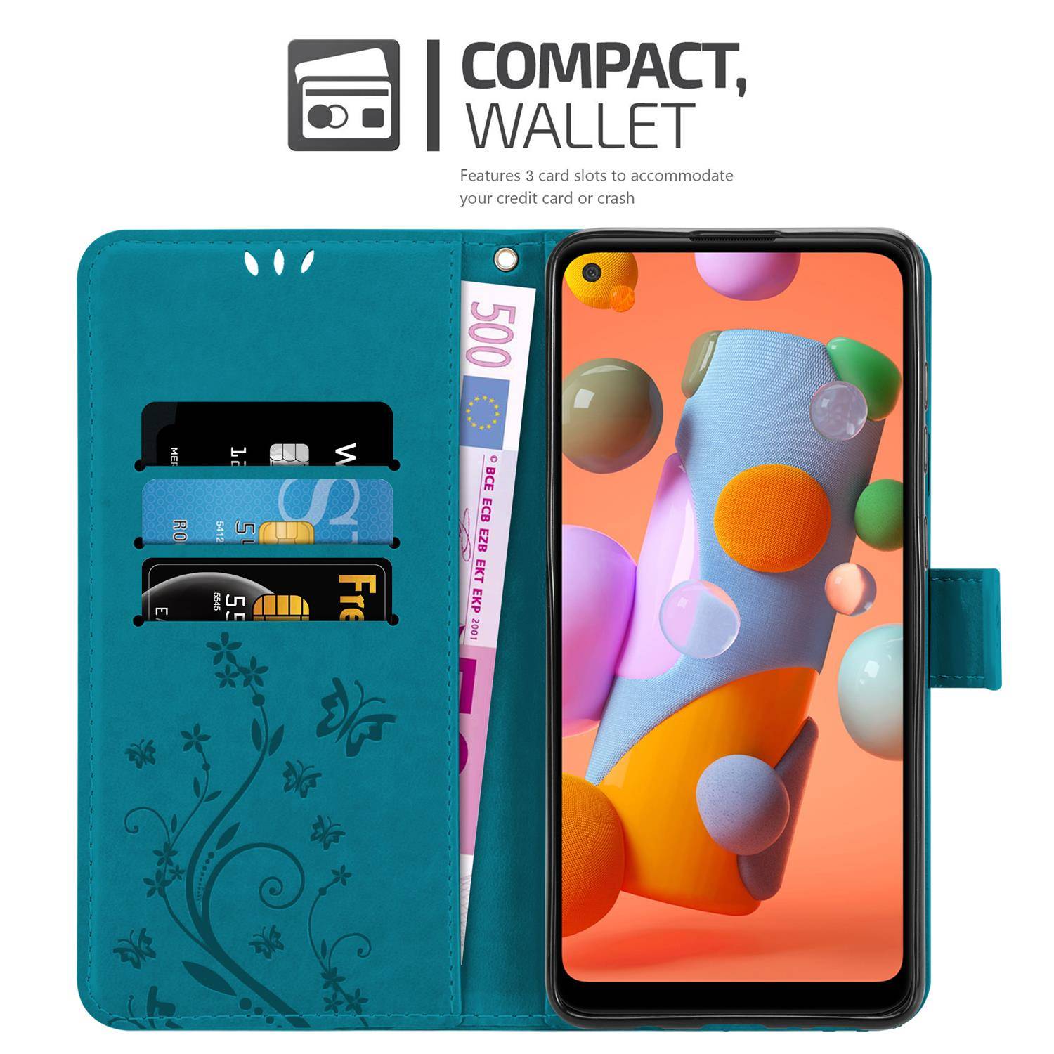 Cadorabo Hülle für Samsung Galaxy A11 / M11 Schutz Hülle in Blau Schutzhülle Handy Hülle Etui Case Blumen Flower