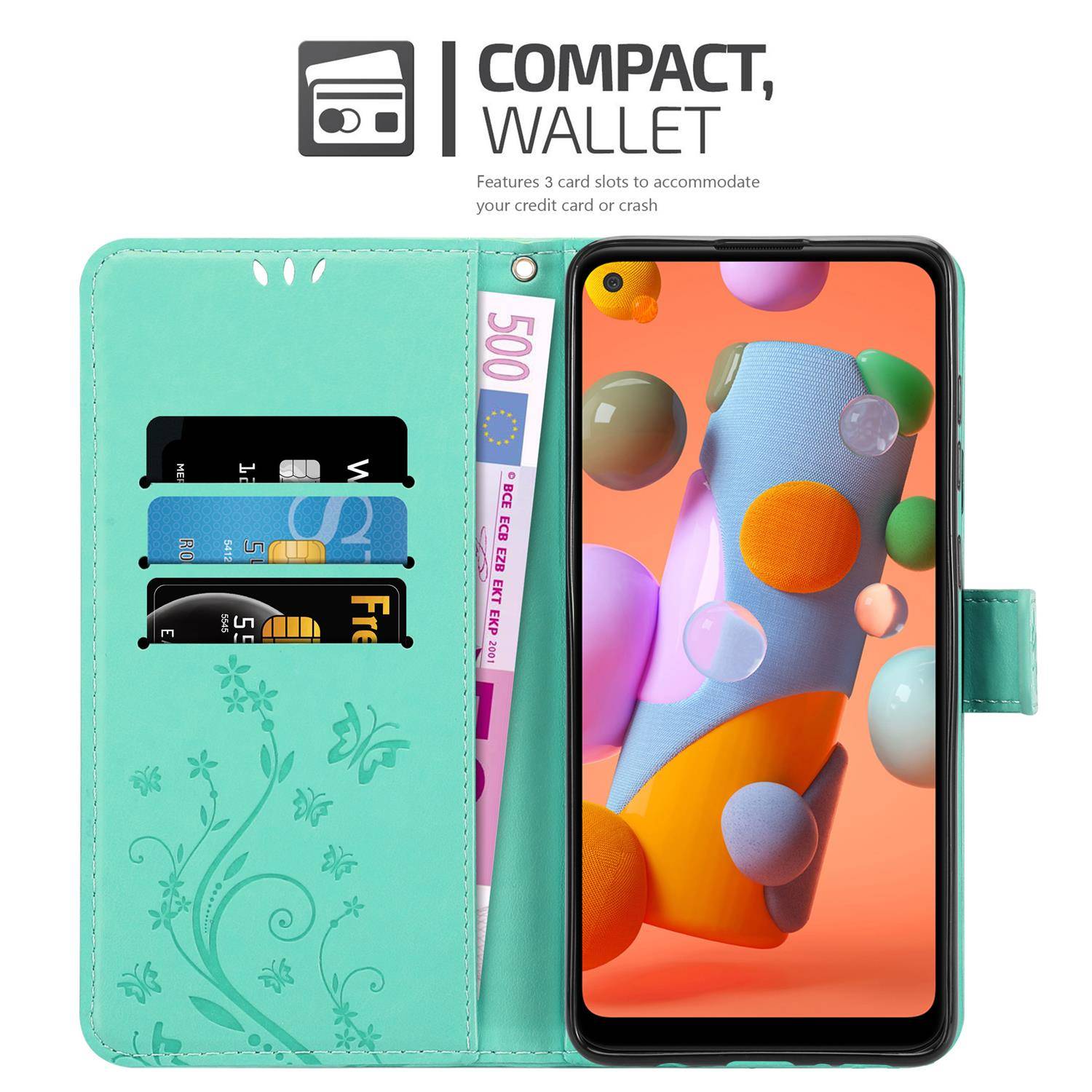 Cadorabo Hülle für Samsung Galaxy A11 / M11 Schutz Hülle in Türkis Schutzhülle Handy Hülle Etui Case Blumen Flower