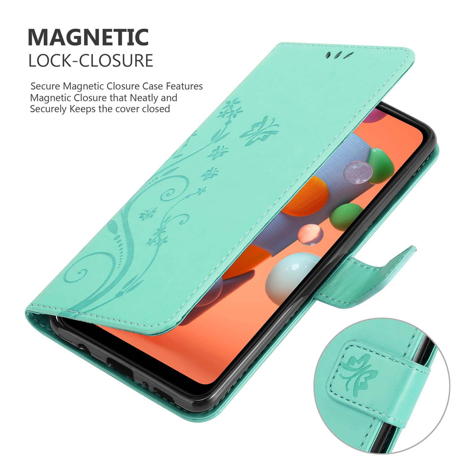 Cadorabo Hülle für Samsung Galaxy A11 / M11 Schutz Hülle in Türkis Schutzhülle Handy Hülle Etui Case Blumen Flower