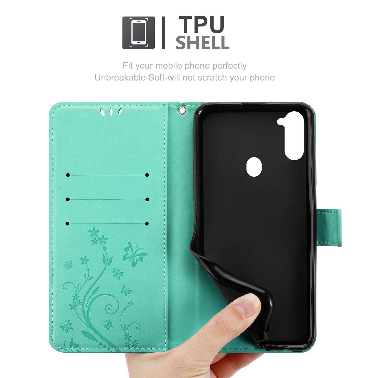 Cadorabo Hülle für Samsung Galaxy A11 / M11 Schutz Hülle in Türkis Schutzhülle Handy Hülle Etui Case Blumen Flower