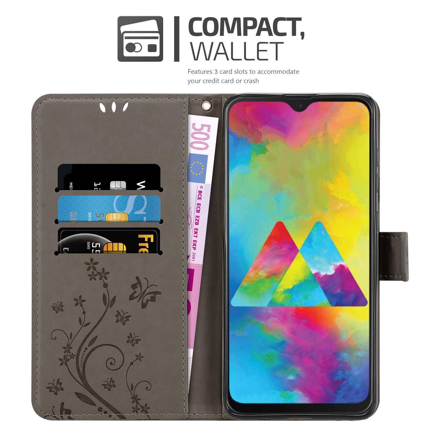Cadorabo Hülle für Samsung Galaxy M21 / M30s Schutz Hülle in Grau Schutzhülle Handy Hülle Etui Case Blumen Flower