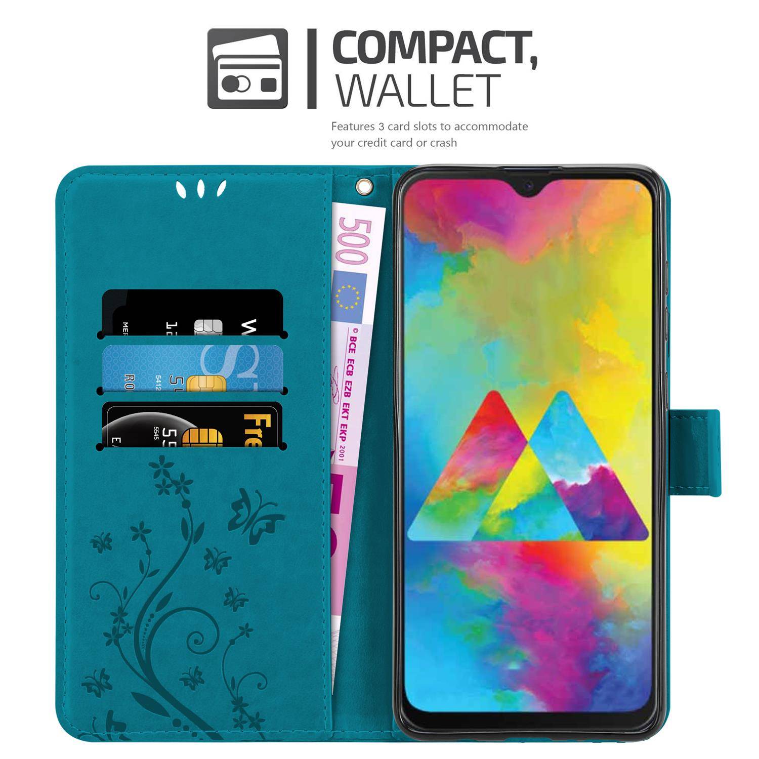 Cadorabo Hülle für Samsung Galaxy M21 / M30s Schutz Hülle in Blau Schutzhülle Handy Hülle Etui Case Blumen Flower