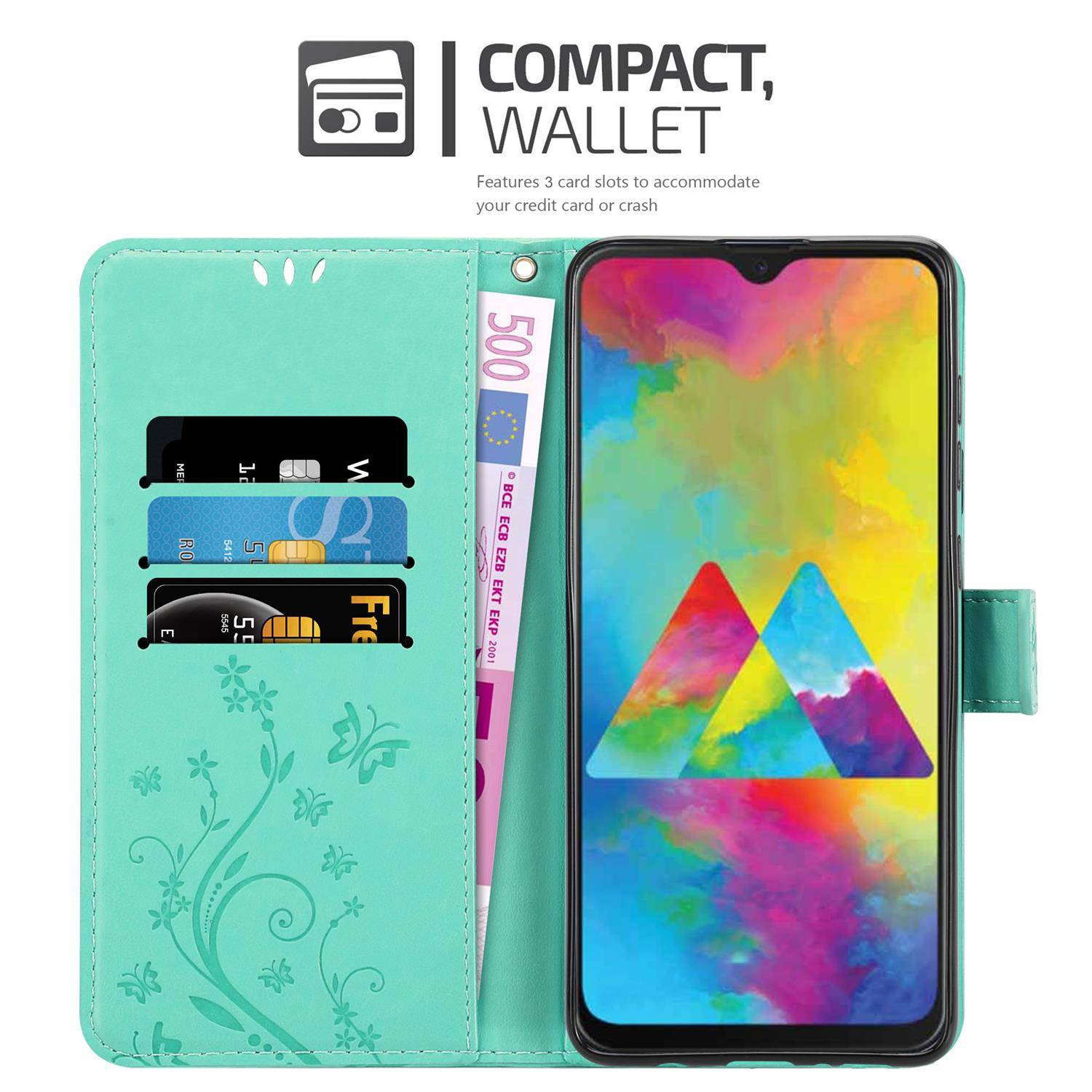 Cadorabo Hülle für Samsung Galaxy M21 / M30s Schutz Hülle in Türkis Schutzhülle Handy Hülle Etui Case Blumen Flower
