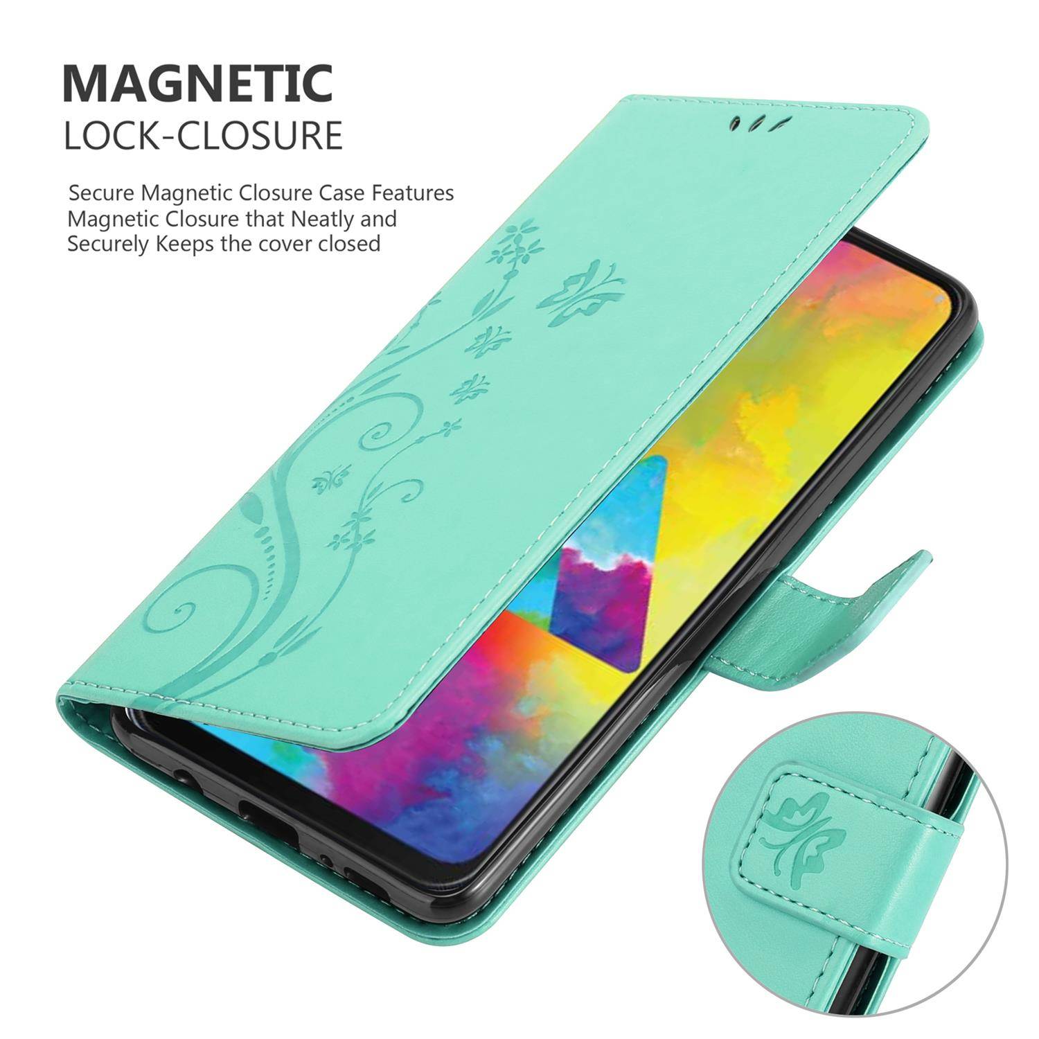 Cadorabo Hülle für Samsung Galaxy M21 / M30s Schutz Hülle in Türkis Schutzhülle Handy Hülle Etui Case Blumen Flower
