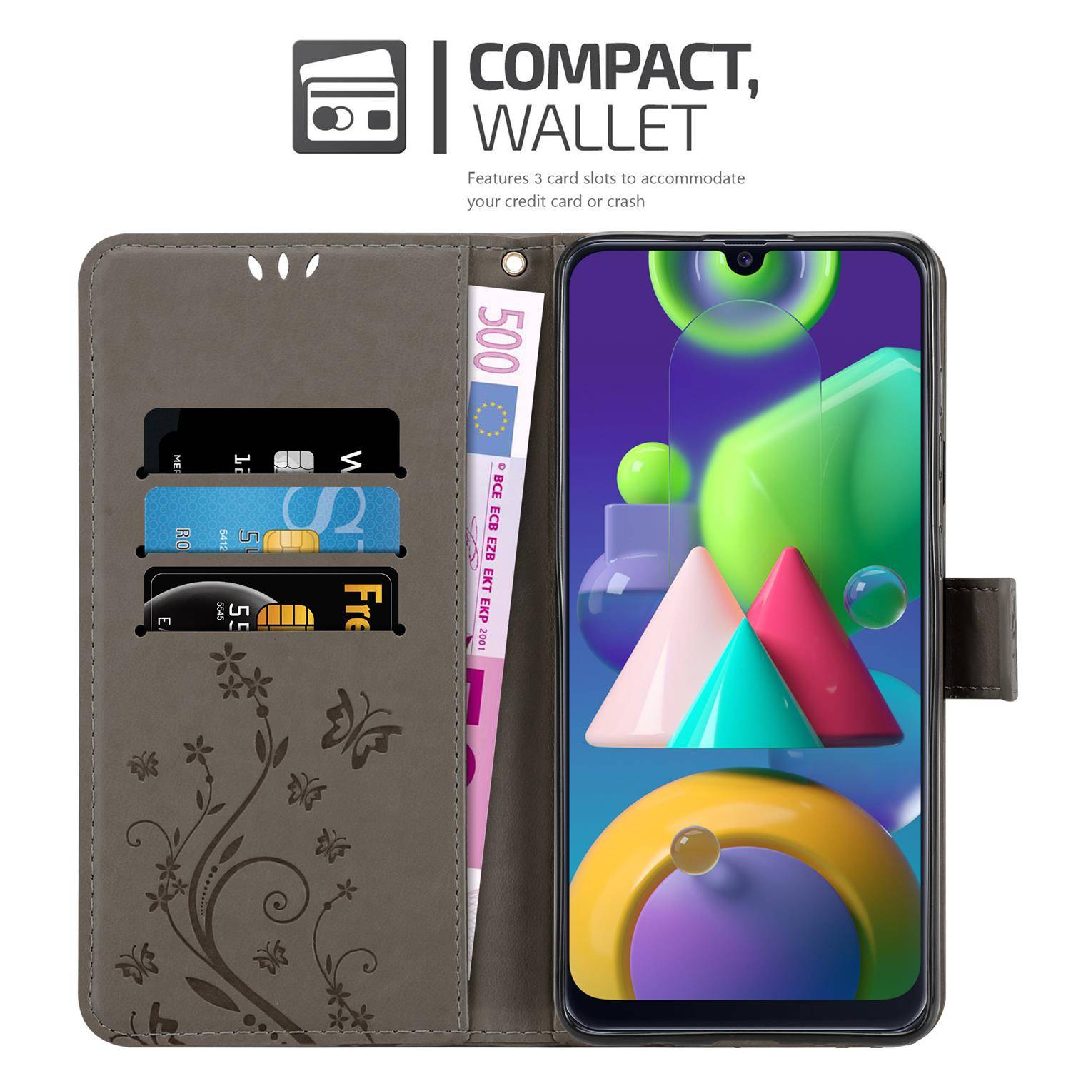Cadorabo Hülle für Samsung Galaxy M31 Schutz Hülle in Grau Schutzhülle Handy Hülle Etui Case Blumen Flower
