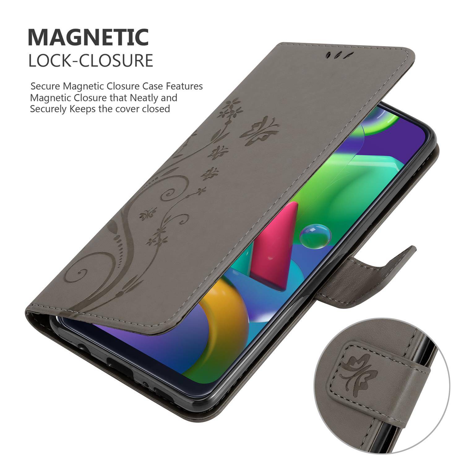 Cadorabo Hülle für Samsung Galaxy M31 Schutz Hülle in Grau Schutzhülle Handy Hülle Etui Case Blumen Flower
