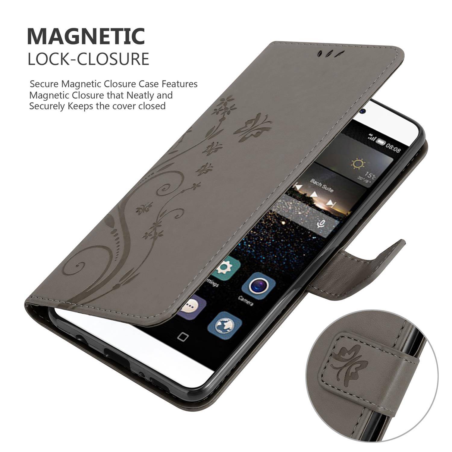 Cadorabo Hülle für Huawei P8 Schutz Hülle in Grau Schutzhülle Handy Hülle Etui Case Blumen Flower