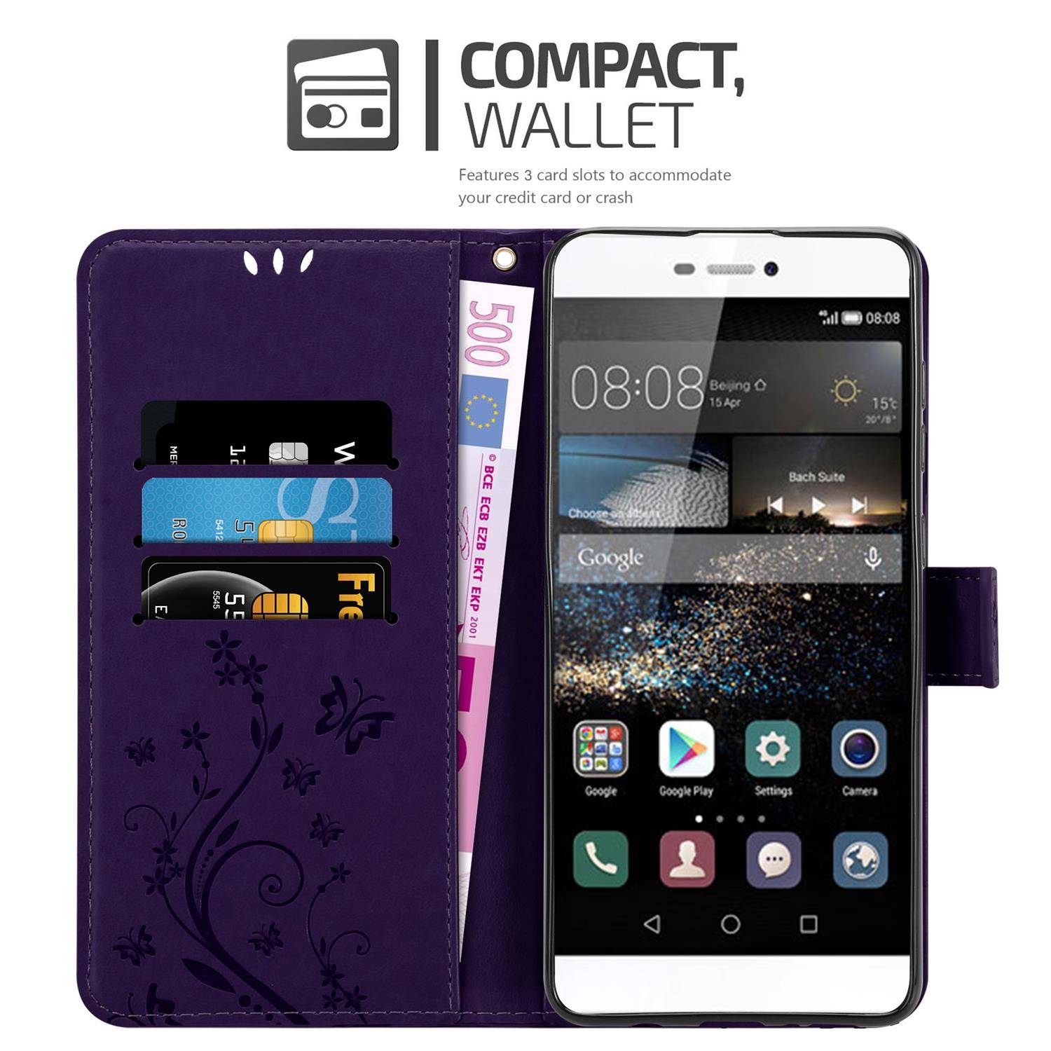 Cadorabo Hülle für Huawei P8 Schutz Hülle in Lila Schutzhülle Handy Hülle Etui Case Blumen Flower