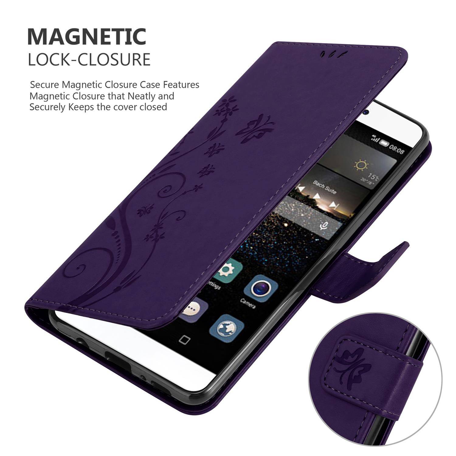 Cadorabo Hülle für Huawei P8 Schutz Hülle in Lila Schutzhülle Handy Hülle Etui Case Blumen Flower