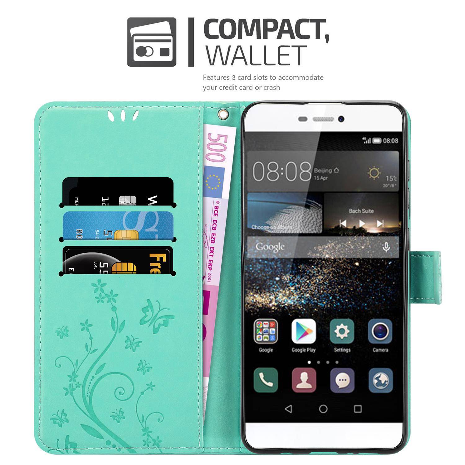 Cadorabo Hülle für Huawei P8 Schutz Hülle in Türkis Schutzhülle Handy Hülle Etui Case Blumen Flower