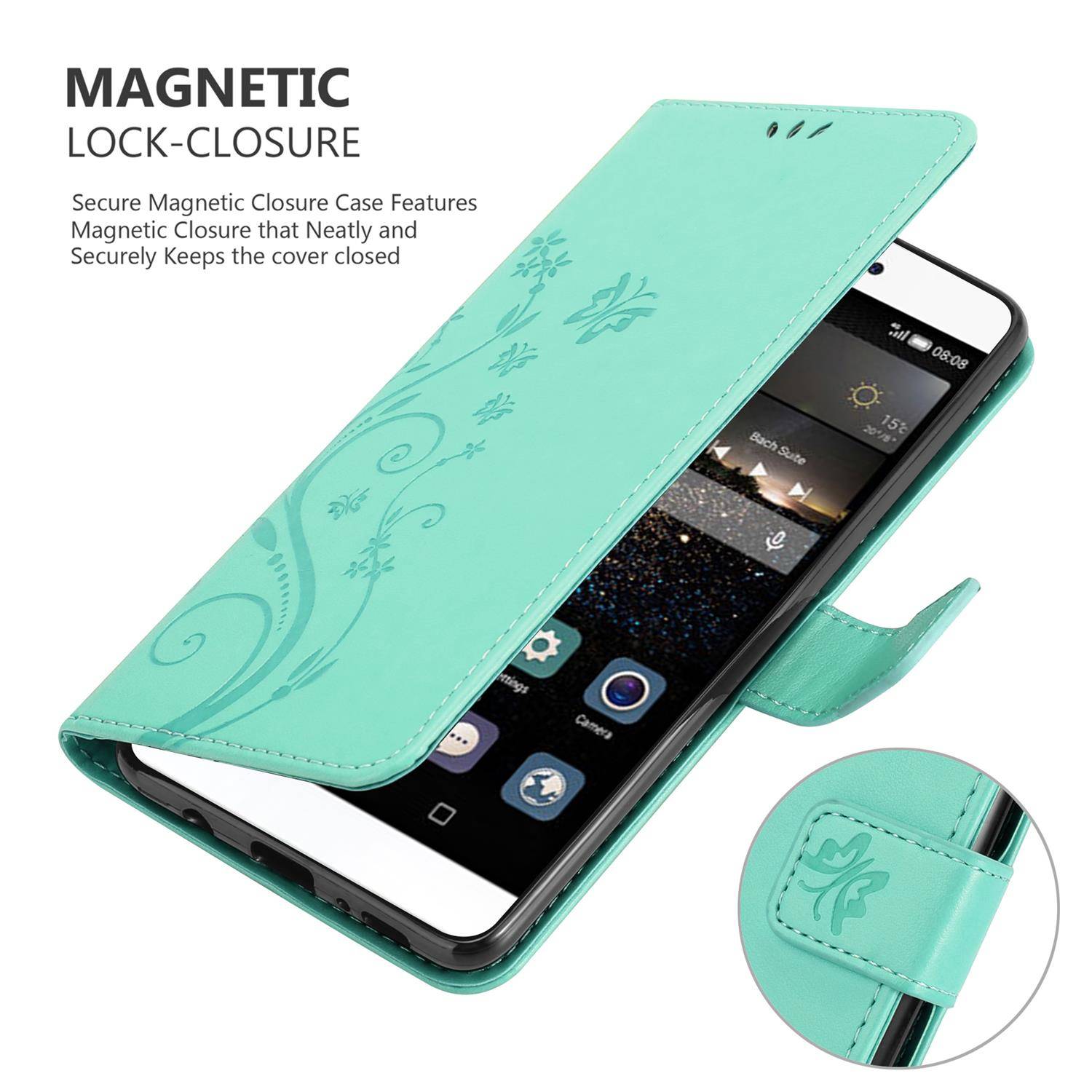 Cadorabo Hülle für Huawei P8 Schutz Hülle in Türkis Schutzhülle Handy Hülle Etui Case Blumen Flower