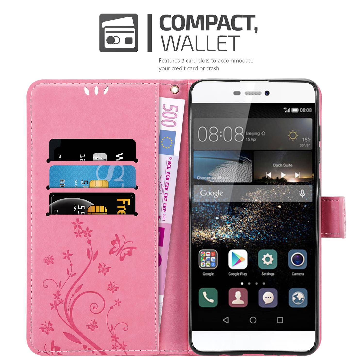 Cadorabo Hülle für Huawei P8 Schutz Hülle in Rosa Schutzhülle Handy Hülle Etui Case Blumen Flower