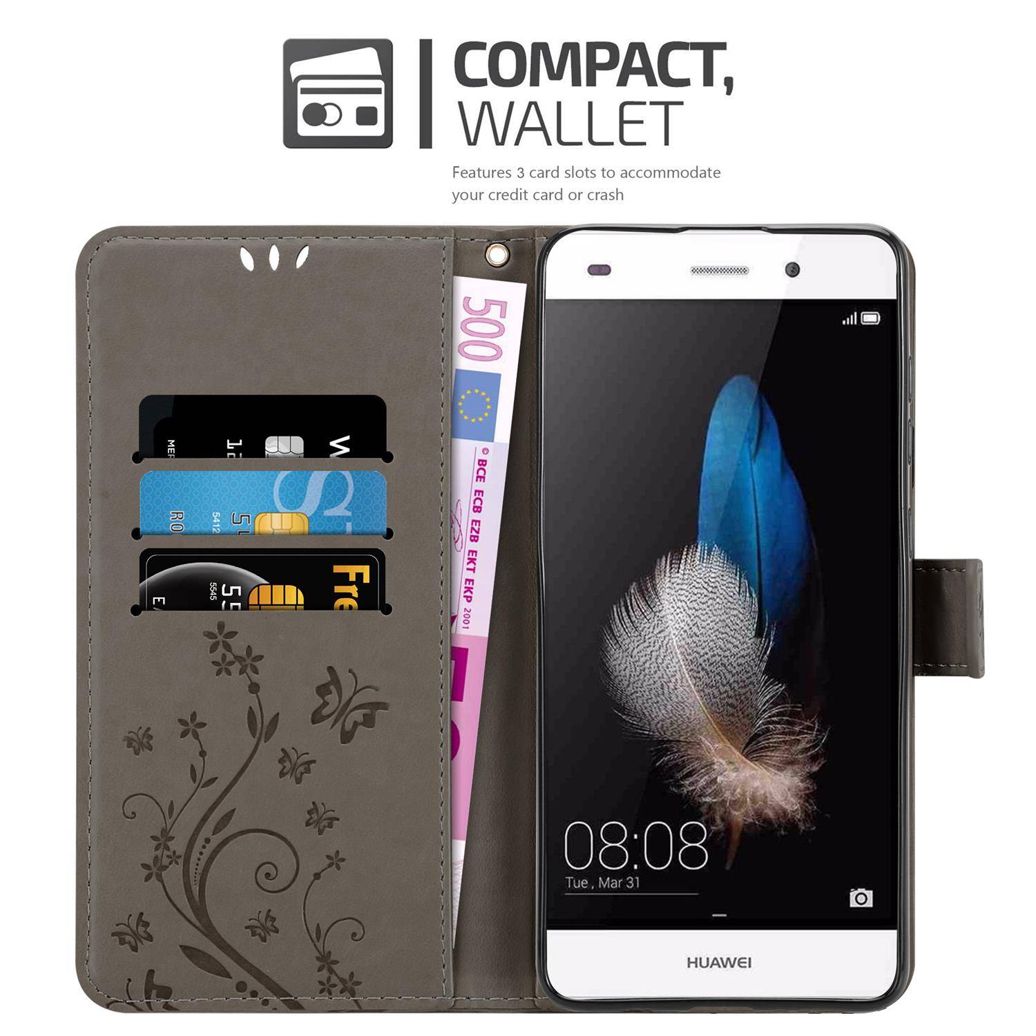 Cadorabo Hülle für Huawei P8 LITE 2015 Schutz Hülle in Grau Schutzhülle Handy Hülle Etui Case Blumen Flower