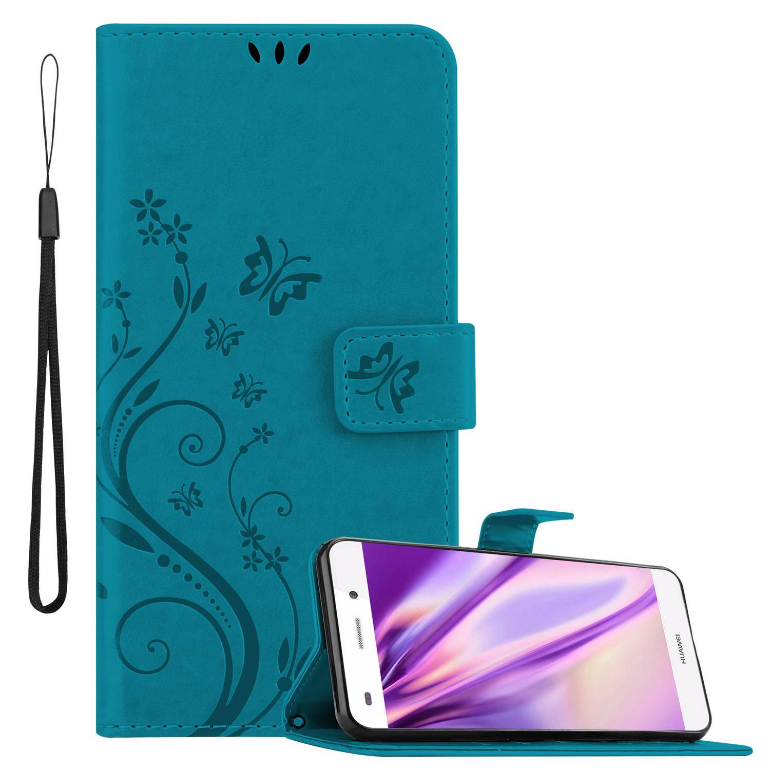 Cadorabo Hülle für Huawei P8 LITE 2015 Schutz Hülle in Blau Schutzhülle Handy Hülle Etui Case Blumen Flower
