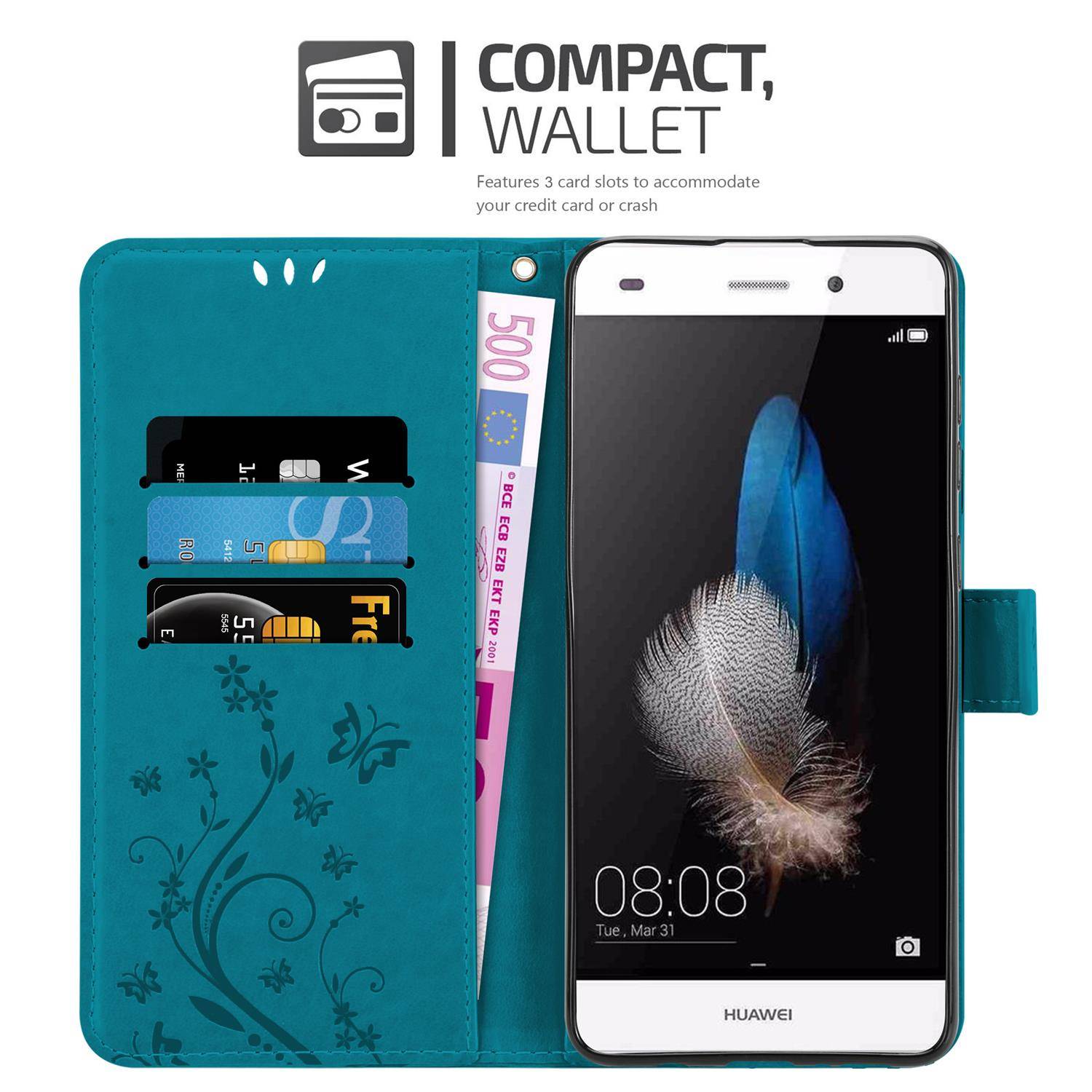 Cadorabo Hülle für Huawei P8 LITE 2015 Schutz Hülle in Blau Schutzhülle Handy Hülle Etui Case Blumen Flower