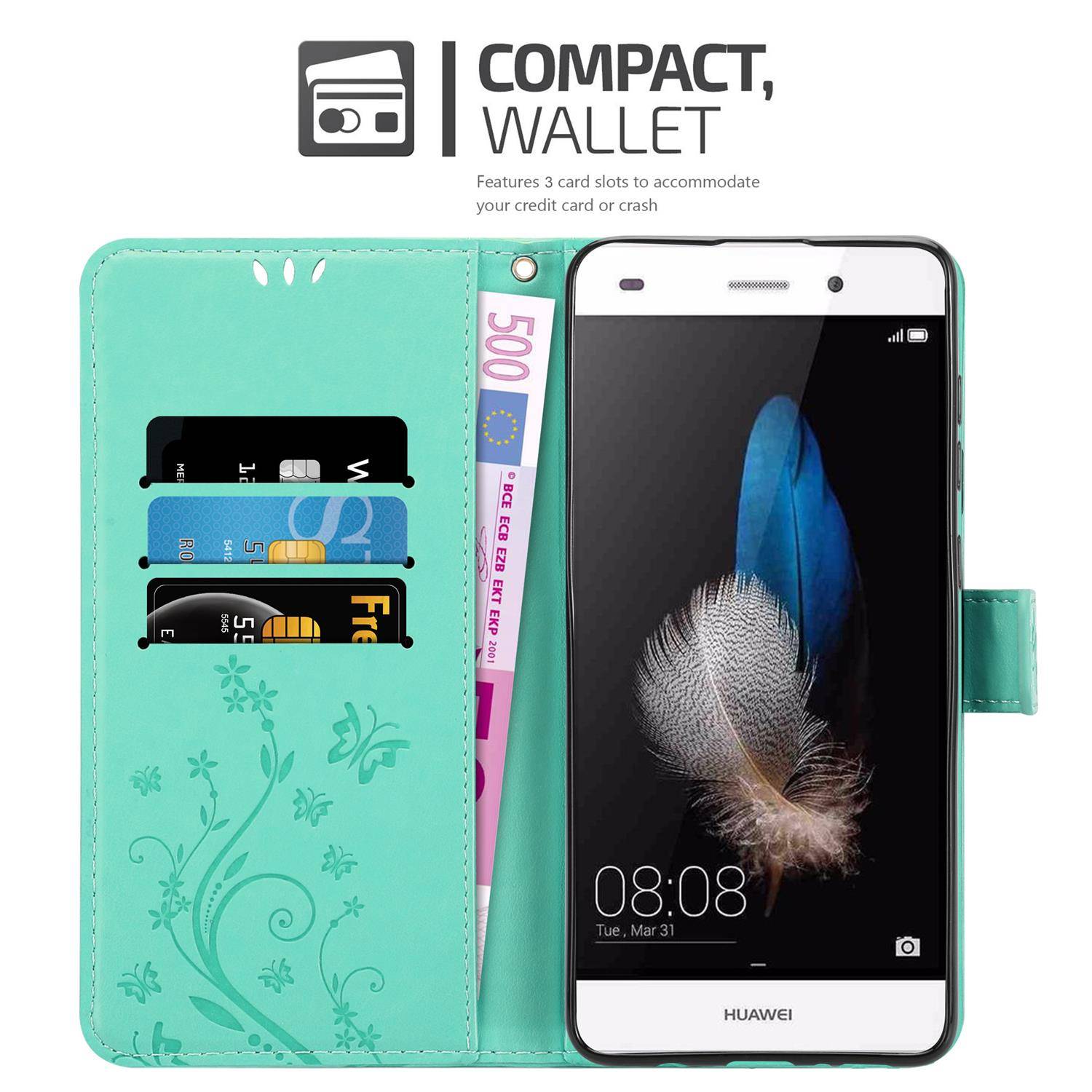 Cadorabo Hülle für Huawei P8 LITE 2015 Schutz Hülle in Türkis Schutzhülle Handy Hülle Etui Case Blumen Flower