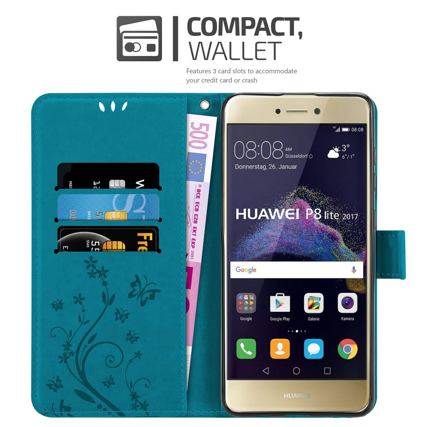 Cadorabo Hülle für Huawei P8 LITE 2017 / P9 LITE 2017 Schutz Hülle in Blau Schutzhülle Handy Hülle Etui Case Blumen