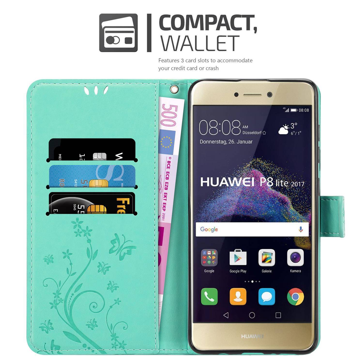 Cadorabo Hülle für Huawei P8 LITE 2017 / P9 LITE 2017 Schutz Hülle in Türkis Schutzhülle Handy Hülle Etui Case Blumen