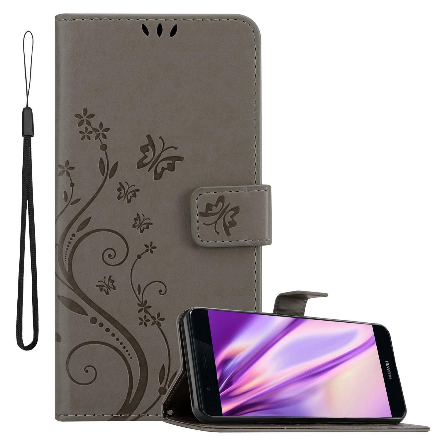 Cadorabo Hülle für Huawei P9 Schutz Hülle in Grau Schutzhülle Handy Hülle Etui Case Blumen Flower