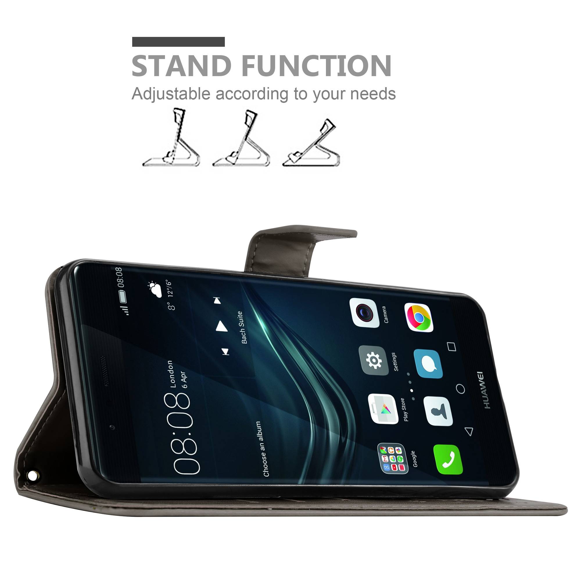 Cadorabo Hülle für Huawei P9 Schutz Hülle in Grau Schutzhülle Handy Hülle Etui Case Blumen Flower