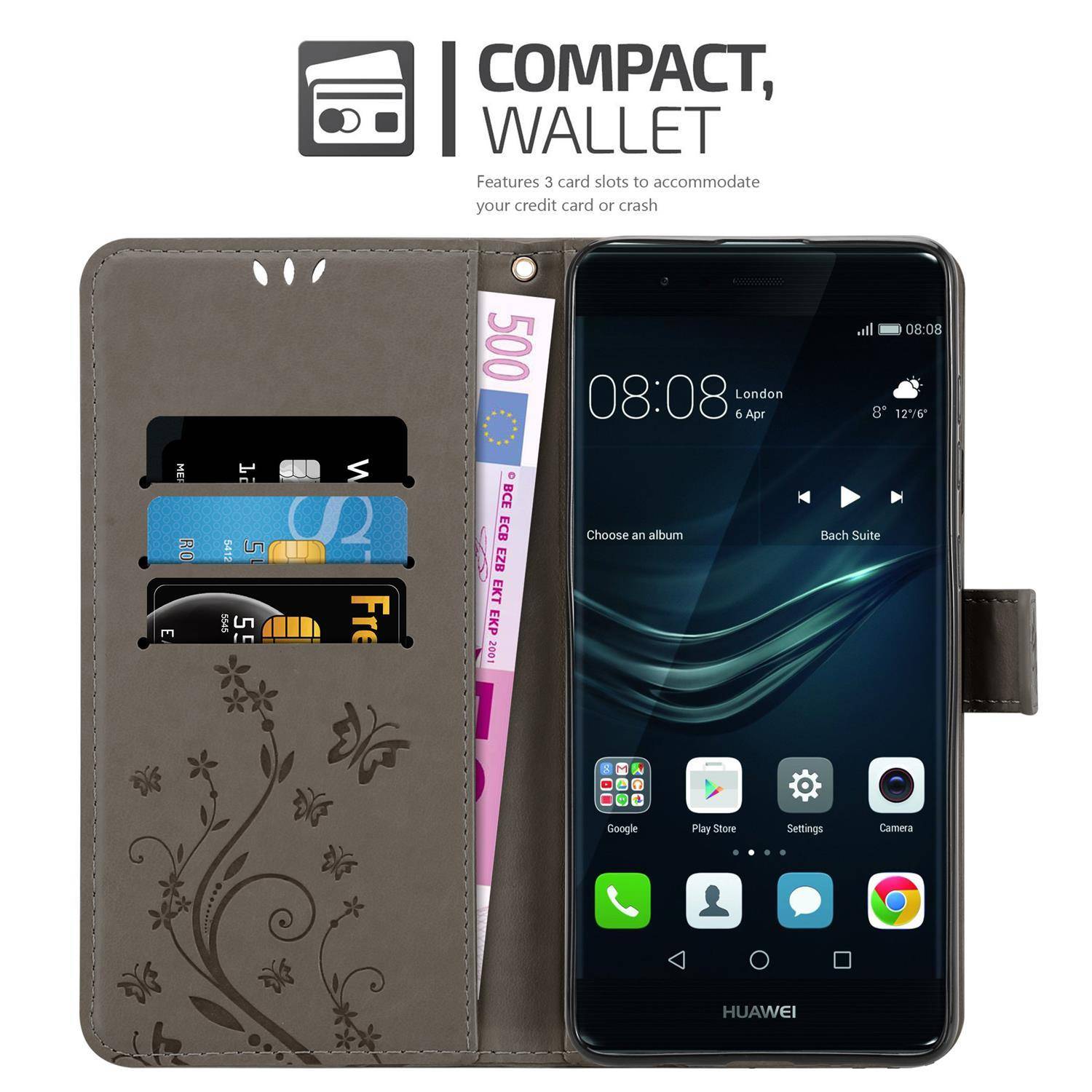 Cadorabo Hülle für Huawei P9 Schutz Hülle in Grau Schutzhülle Handy Hülle Etui Case Blumen Flower