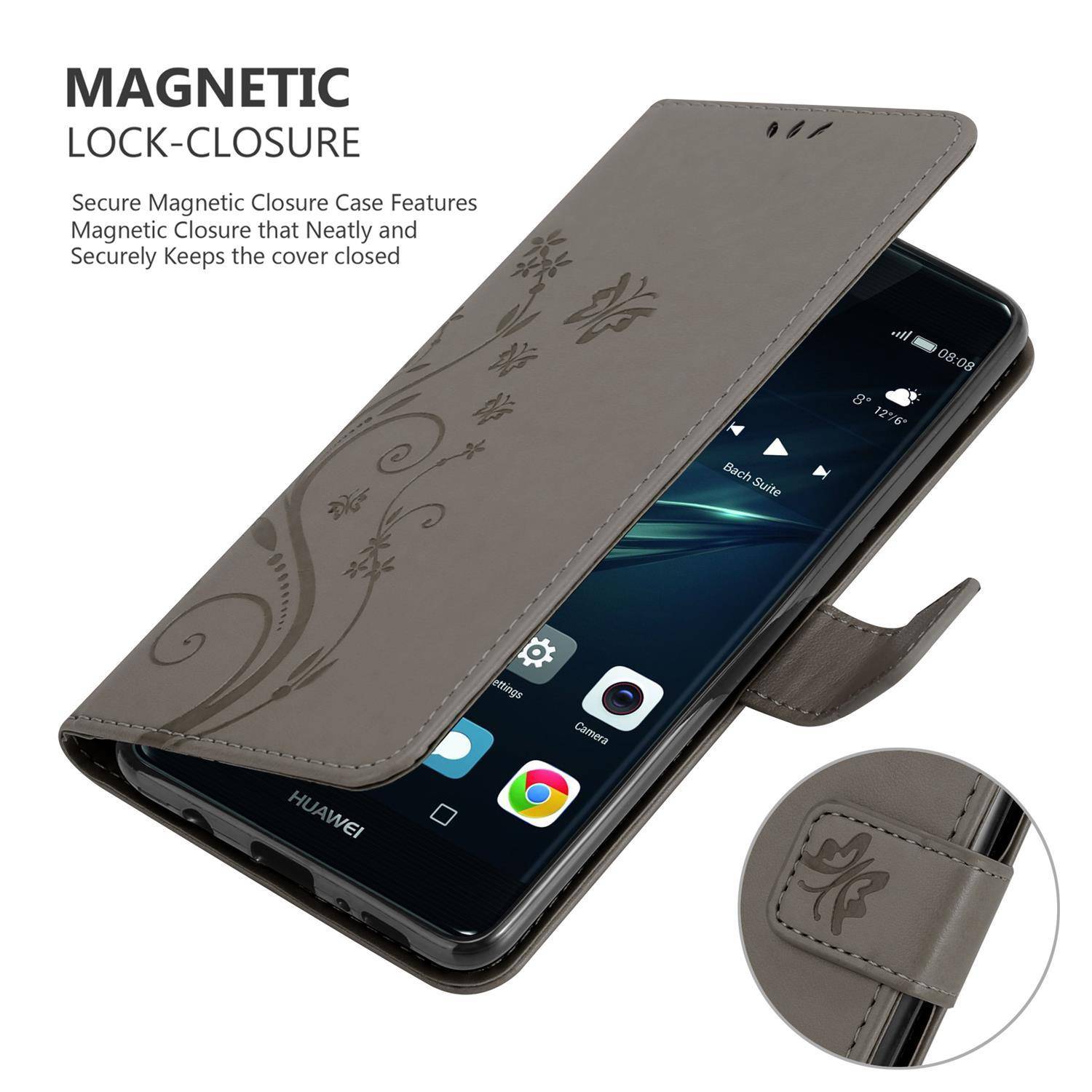 Cadorabo Hülle für Huawei P9 Schutz Hülle in Grau Schutzhülle Handy Hülle Etui Case Blumen Flower