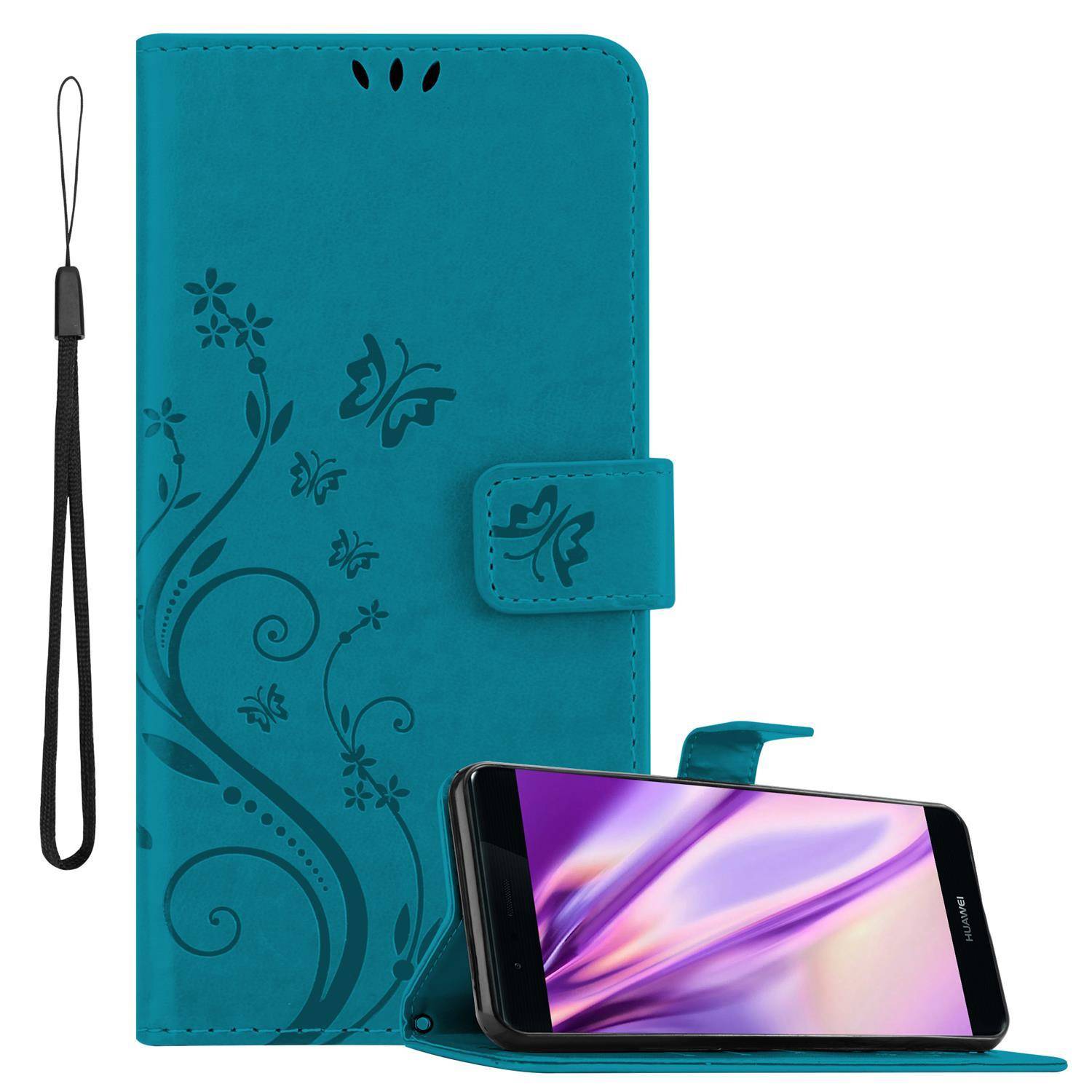 Cadorabo Hülle für Huawei P9 Schutz Hülle in Blau Schutzhülle Handy Hülle Etui Case Blumen Flower